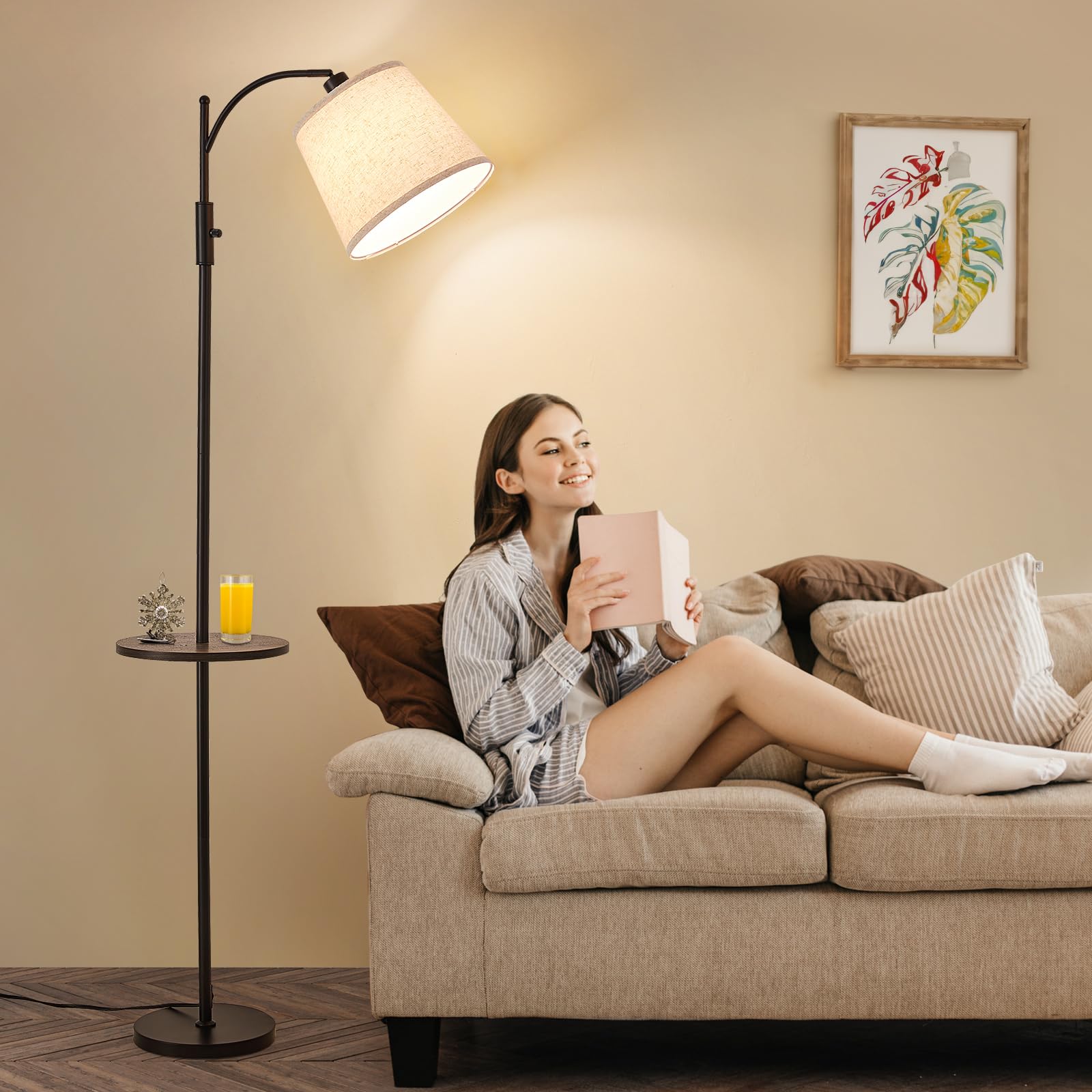 AIDENOEY Floor Lamp, Fully Dimmable, Black Metal, Rotary Switch, Beige Linen Shade, 9W LED Bulb Included, Model HYZC020-1