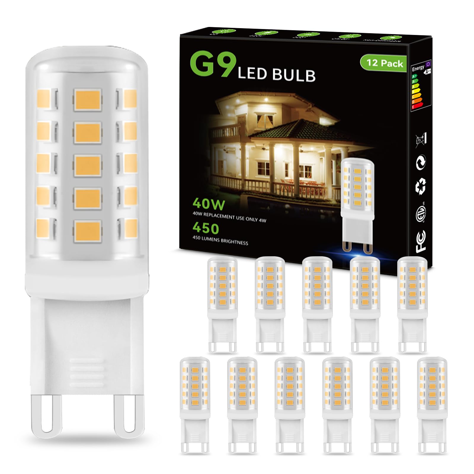 Dalattin G9 Led Bulb 12 Pack 4W Equivalent 40 Watt,3000K Soft Warm White,T4 Replacement Halogen G9 Bulb,450Lm, 360Beam Angle, No