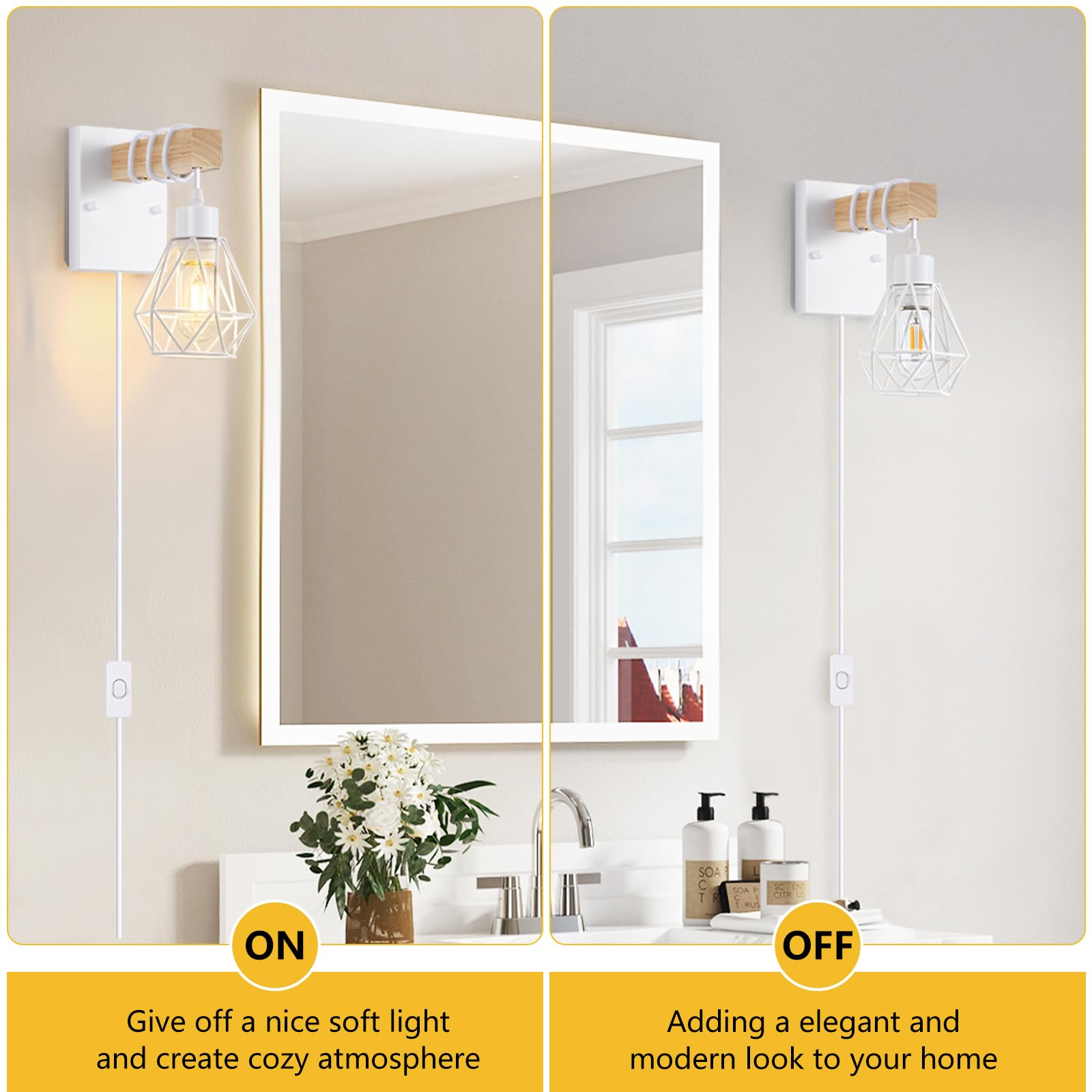 Lomoky Modern White Plug-In Wall Sconces Set of Two, Wooden & Metal, 5.25FT Cord, Industrial Lighting for Living Room & Hallway