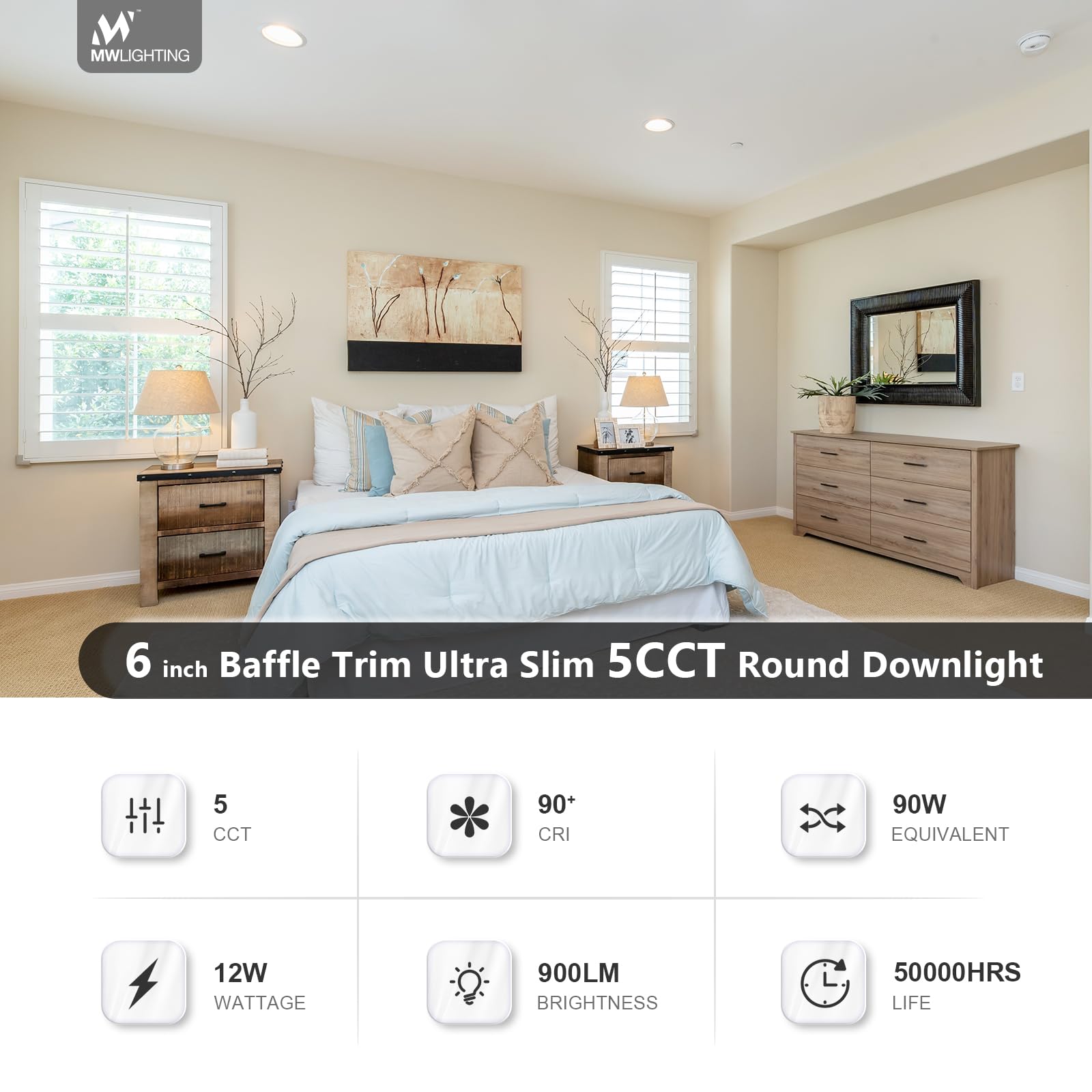 Mw 12 Pack 6 Inch 5Cct Ultra-Thin Led Recessed Ceiling Light With Junction Box, Dimmable Canless Light With Baffle Trim, 900Lm H