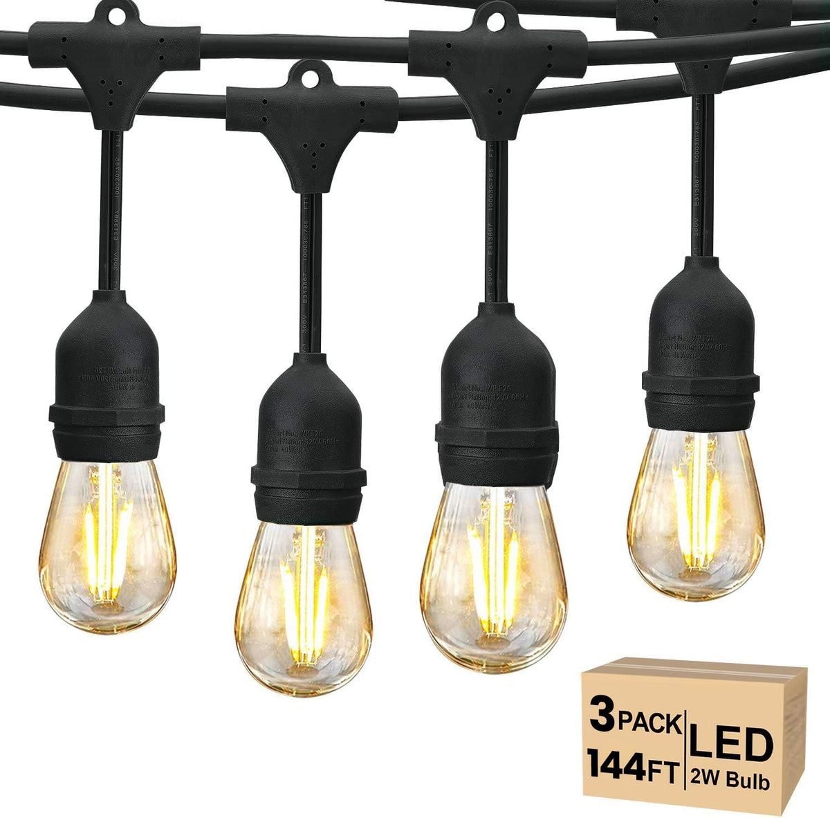 Svater 144 Ft Outdoor String Lights 2W, Patio Light For Outside With 48 Antique S14 Plastic Led Bulbs, Ip65 Waterproof Hanging C