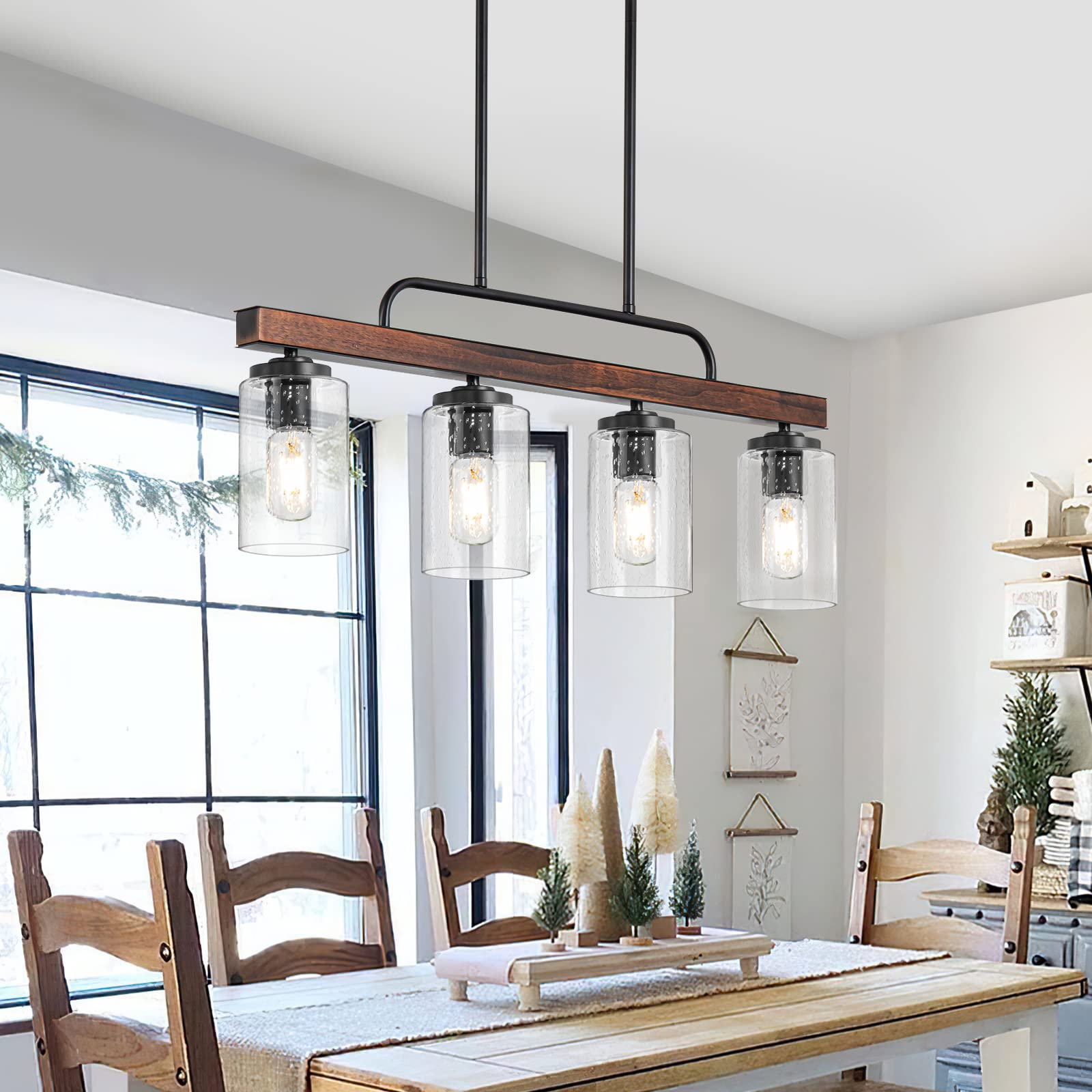 HOGBU Farmhouse 4-Light Wood Pendant Light Fixture, Seeded Glass Shade, Industrial Chandelier for Dining Room, Kitchen Island, Bar