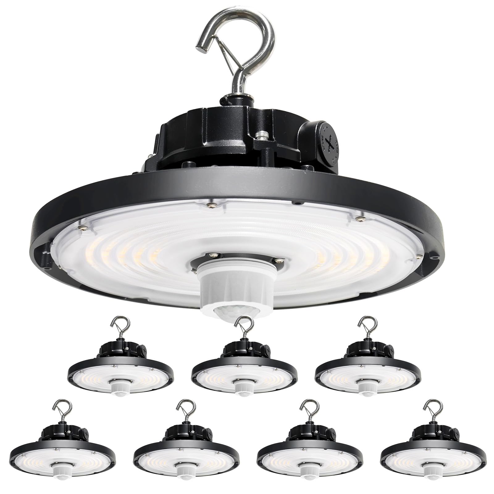 ELEPHANT DEPOT Integrated UFO Led High Bay Light with Motion Sensor  150W  22500LM  0-10V Dimmable  120-277V Hardwired Industrial and Commercial High Bay Led Shop Lights UL&DLC