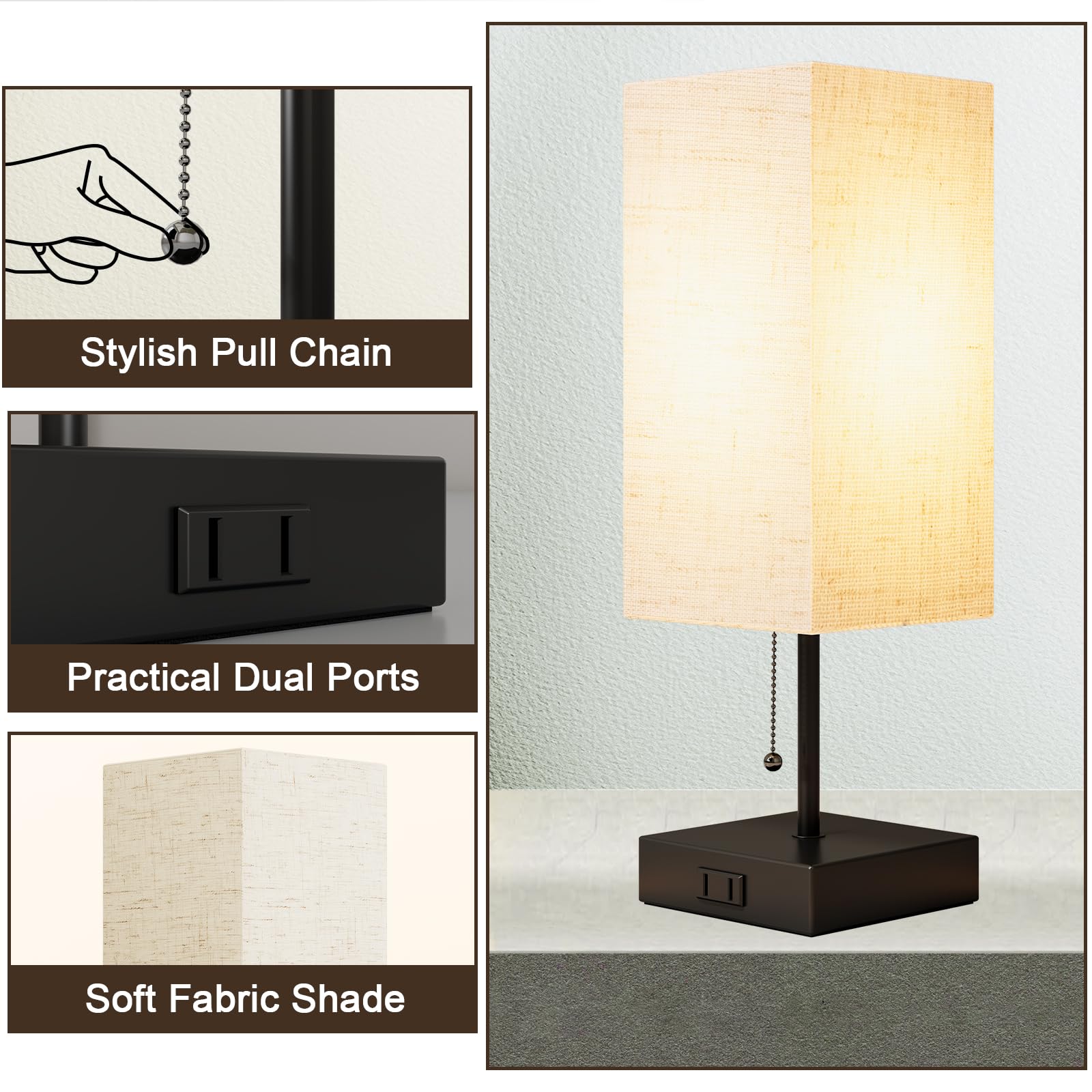 YIDPU Table Lamp for Bedroom, Adjustable 3-Color LED Light, Linen White, 1PCS, Includes Bulb and Shade