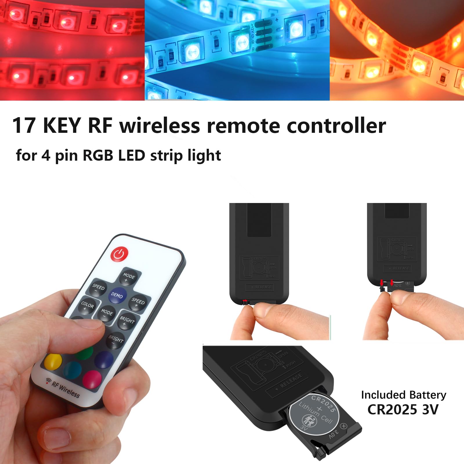 VIPMOON 17-Key RF Wireless Remote LED Controller, DC 5V-24V, 12A Mini RGB Controller, Model MT-RF11K6A
