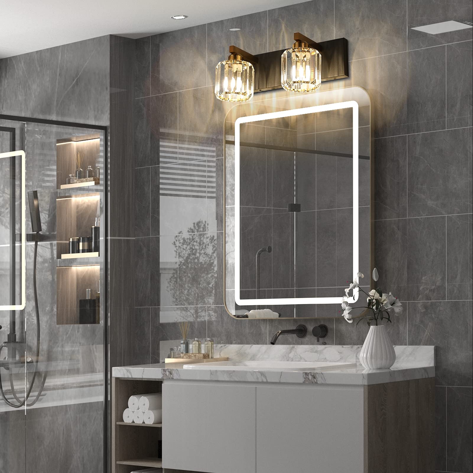 Aipsun Vanity Lighting Fixtures - Matte Black 2-Light Wall Light, 15" Aluminum Crystal Over Mirror, Model 8460