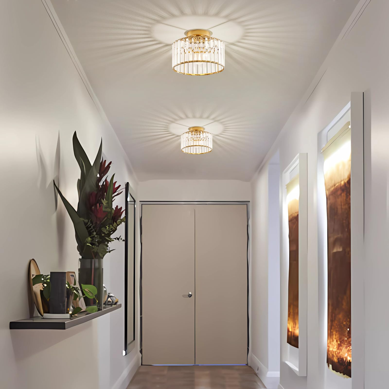 Violoemi Crystal Gold Semi Flush Mount Ceiling Light Modern Hallway Light Fixture Metal Close To Ceiling Lamp For Kitchen Living Room Bathroom Entryway Bedroom(10.63 Inch)