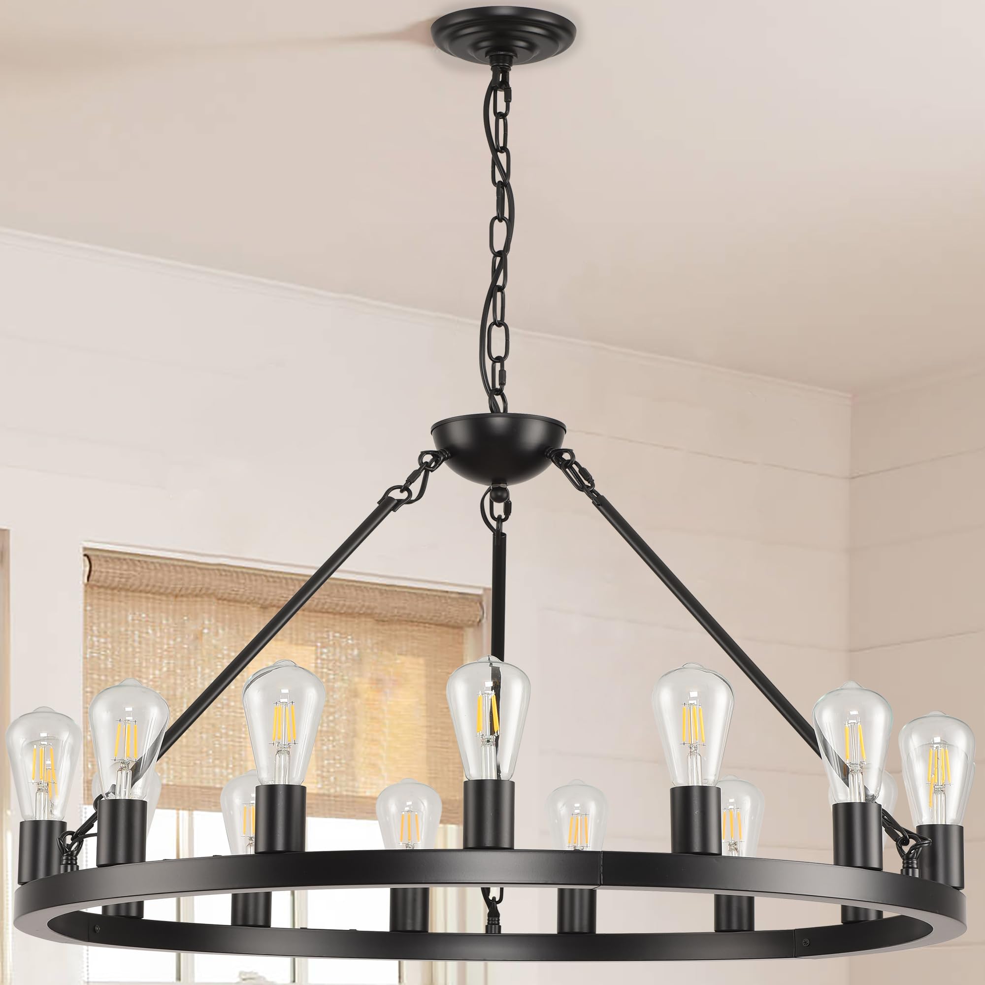 SARUDIIR 32 inch Black Wagon Wheel Chandelier 15-Light Farmhouse Round Wheel Chandeliers Hanging Light Fixture Outdoor Wagon Whe