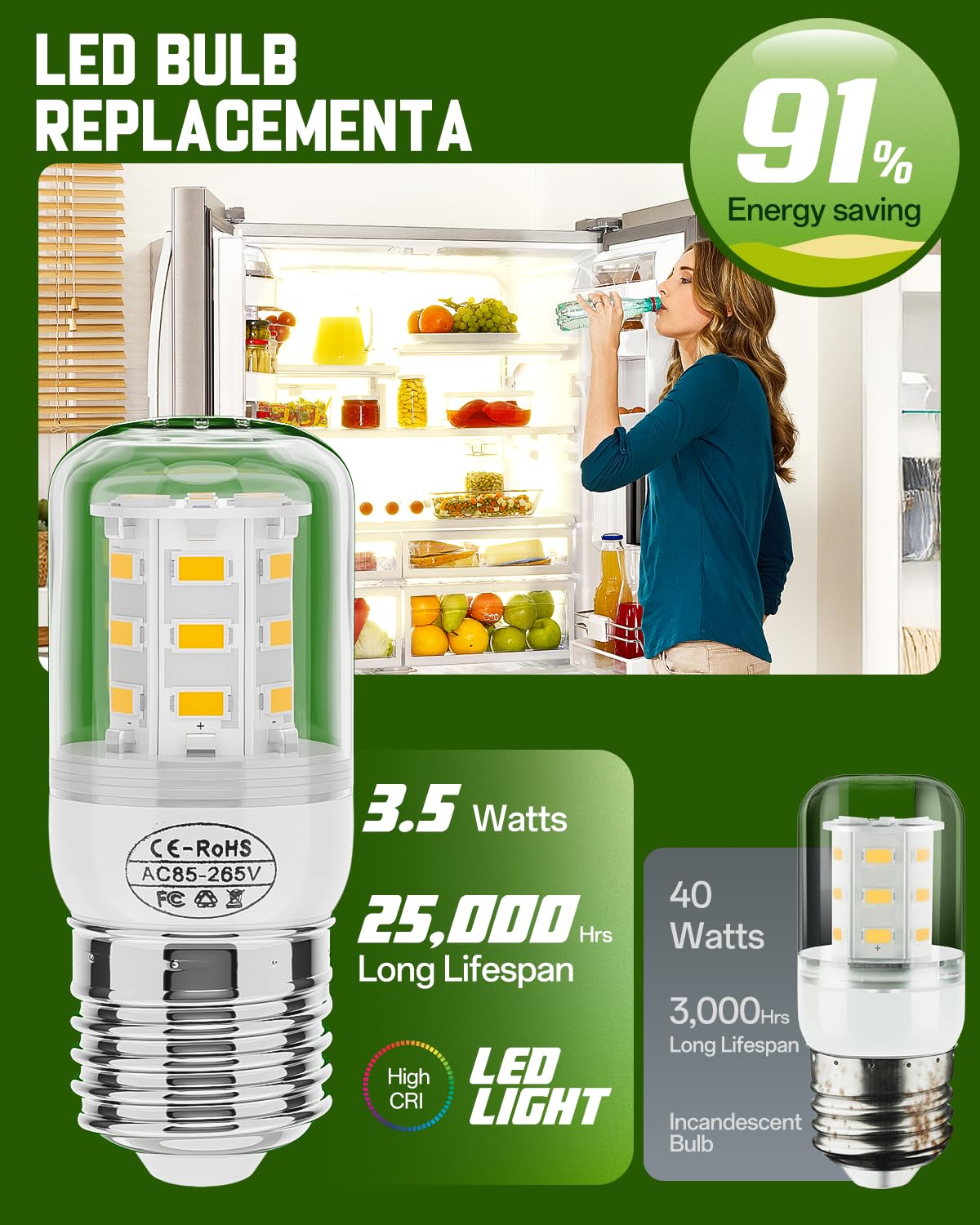 BOGDA Refrigerator LED Light Bulb, 3-Pack, 3.5W, E27, 2700K Warm Light, Compatible with Frigi-daire Ken-More, Model