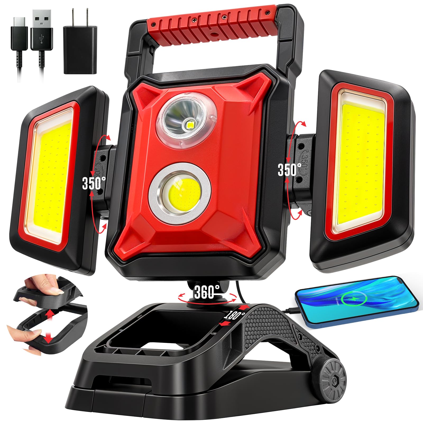 SYLSTAR 40W Rechargeable Work Light, 4000LM Magnetic Work Light with Foldable&360 Rotatable Floodlights, Big Clamp, 5 Light Mode