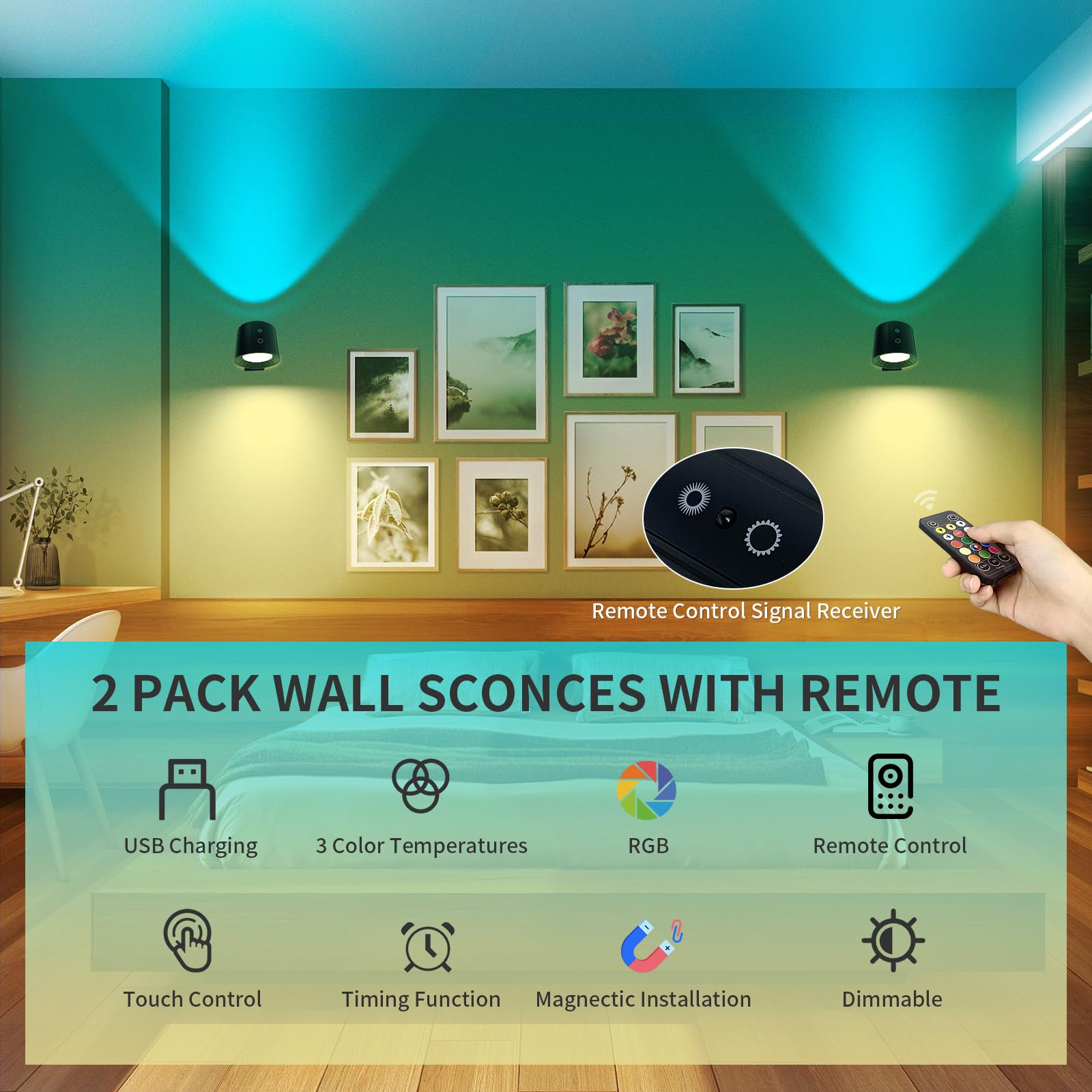 Leastyle Battery Operated Wall Sconces Rechargeable Wall Mounted Lights,Rgbw & 3 Color Temperatures Double-Sides Wall Lights,Dim