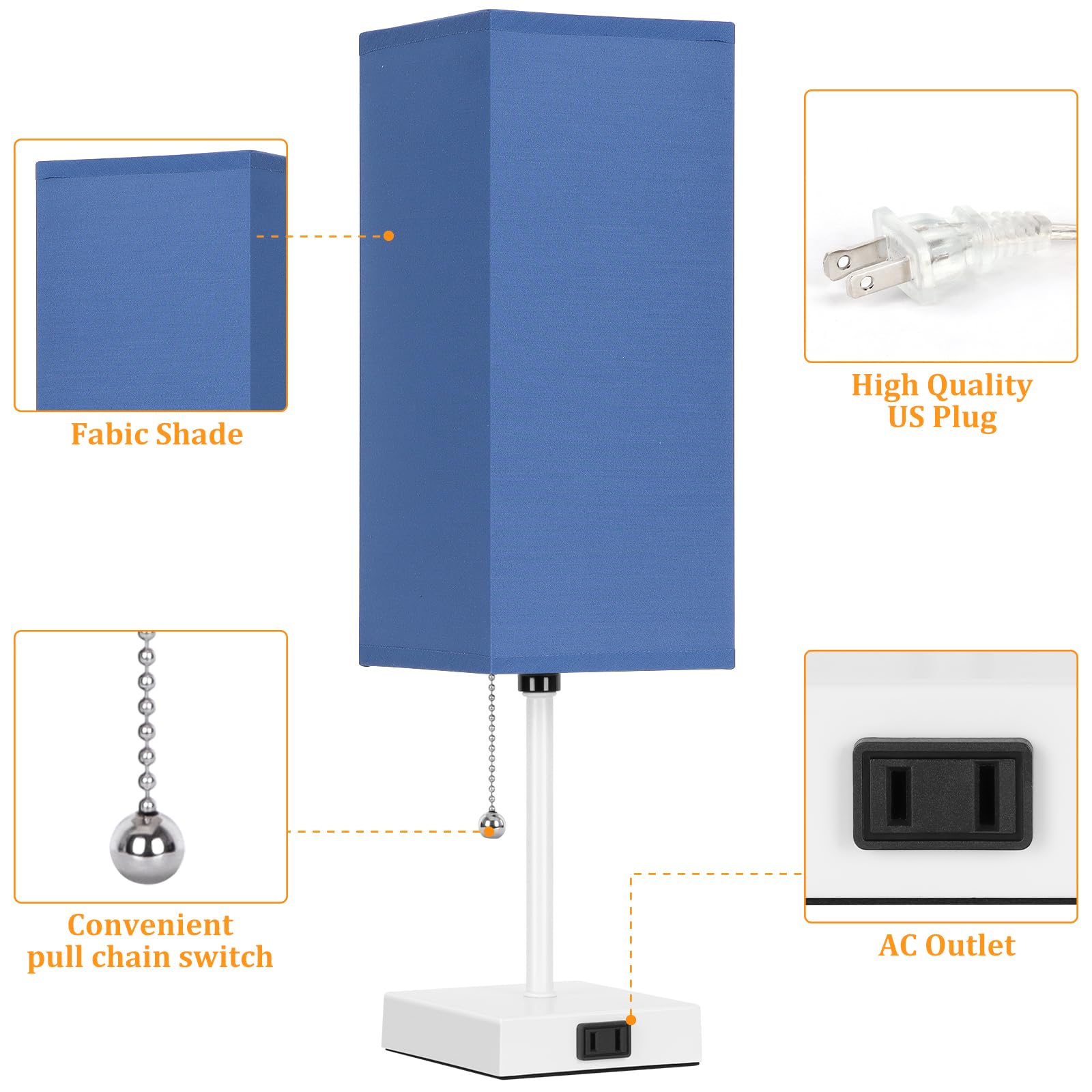 Dott Arts Table Lamp Set of 2, 18" White-Blue Plastic Lamps with AC Outlets and Pull Chain for Bedroom and Living Room Decor