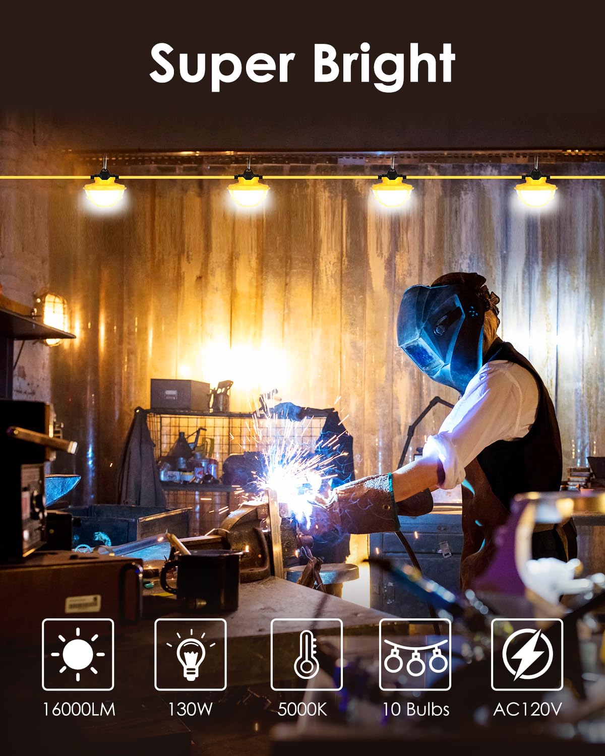 100Ft Led Construction String Lights - 3 Prong, 130W 16000Lm Plug In Linkable String Work Lights, 5000K Weatherproof Temporary L