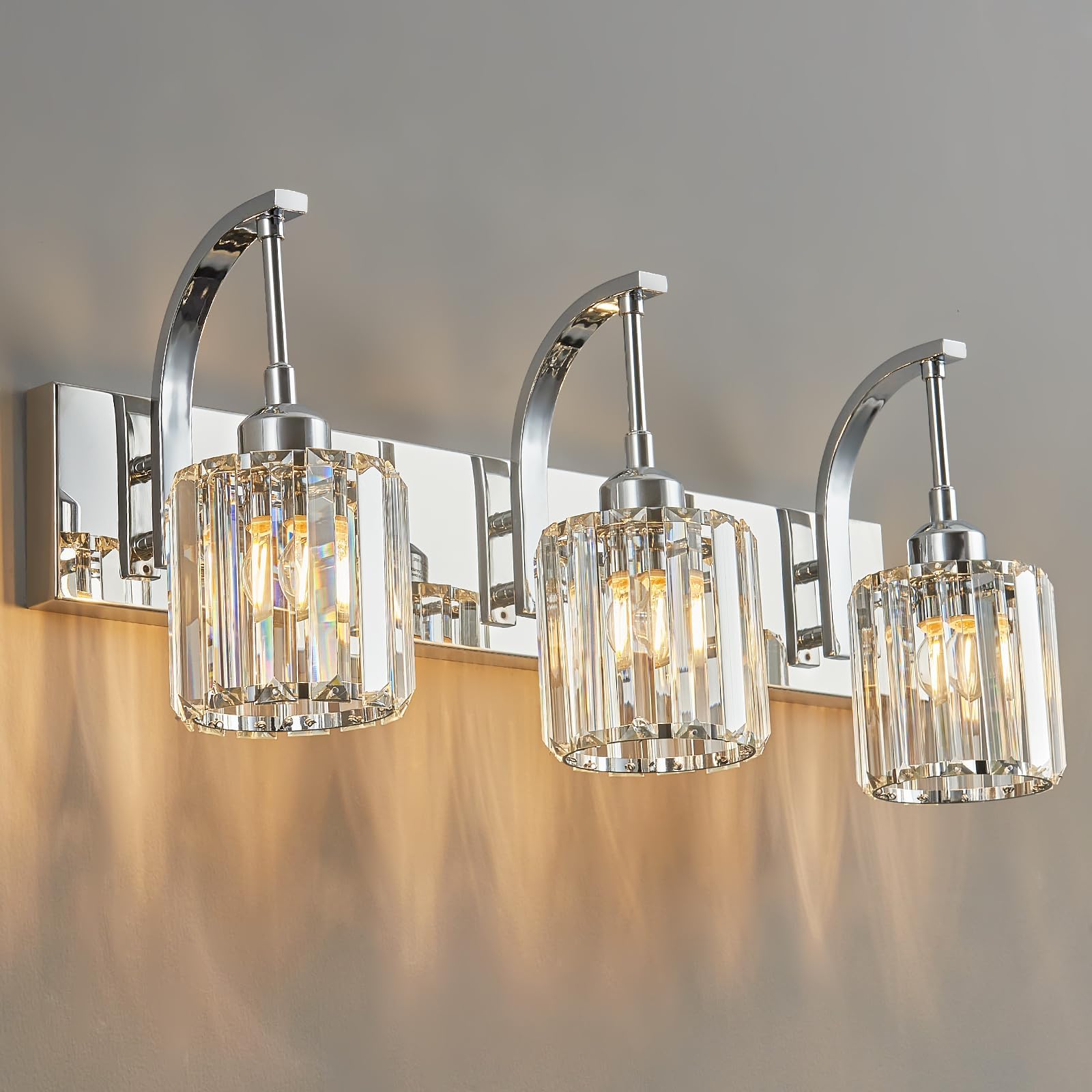 FDPBY 3-Light Crystal Vanity Light  Modern Chrome Bathroom Wall Sconce with K9 Crystal Shades  23.62 Long Over Mirror Lighting for Vanity  Makeup  Hallway  Elegant & Durable