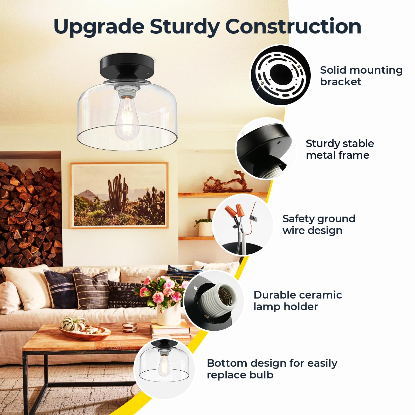 Semi Flush Mount Ceiling Light - Clear Glass Pendant Lamp Shade, Matte Black Finish, Modern Farmhouse Light Fixture For Hallway Corridor Kitchen Entryway Bedroom, Bulb Not Included