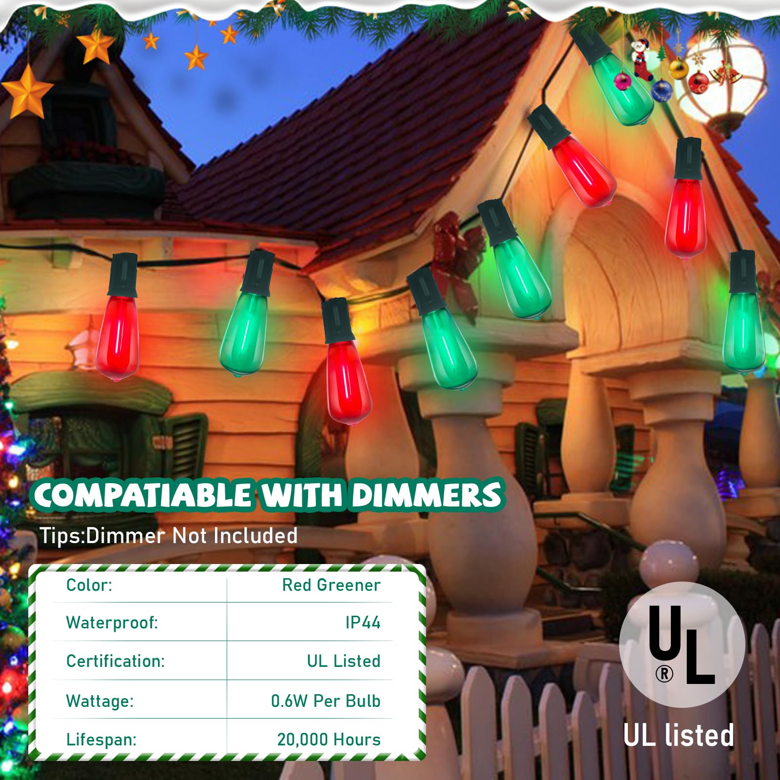 GOOTHY LED Christmas Lights, 45FT Outdoor String Lights, Waterproof, 30 Shatterproof Bulbs, Red Green, Model ULP(9)-LR(30)(0.6W