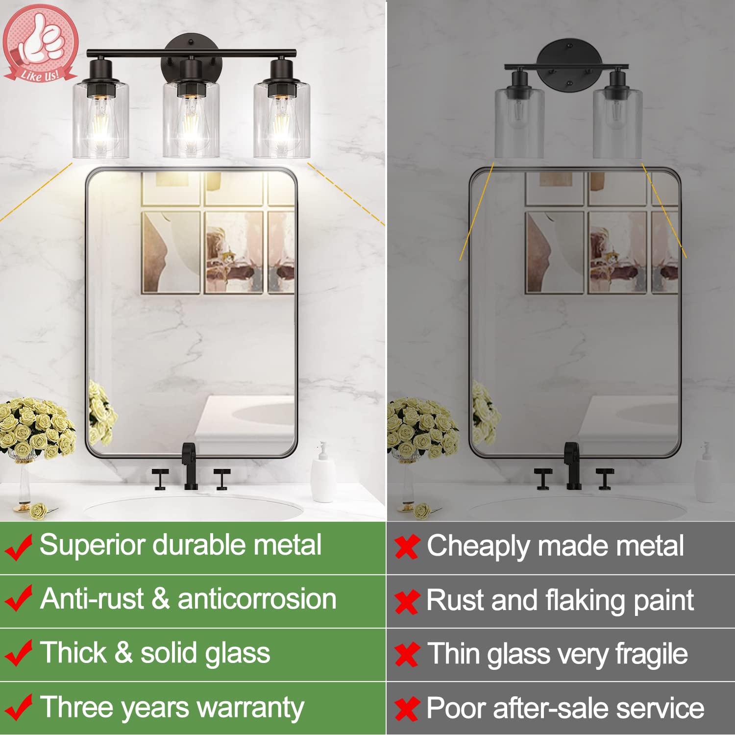 3-Light Bathroom Light Fixtures, Black Bathroom Wall Lights, Modern Bathroom Vanity Light with Clear Glass Shade, Bathroom Wall