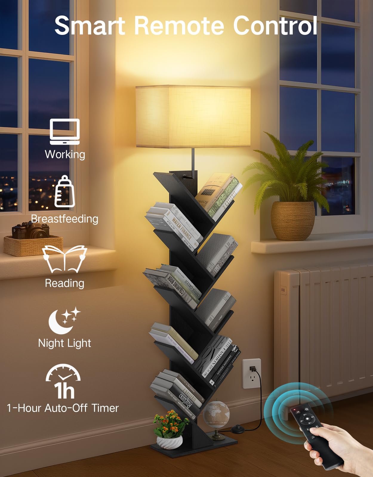 Outonlife 9 Tier Tree Bookshelf With Light, Remote & Timer, Dimmable Tall Floor Standing Lamp, Narrow Wood Bookcase, Small Book