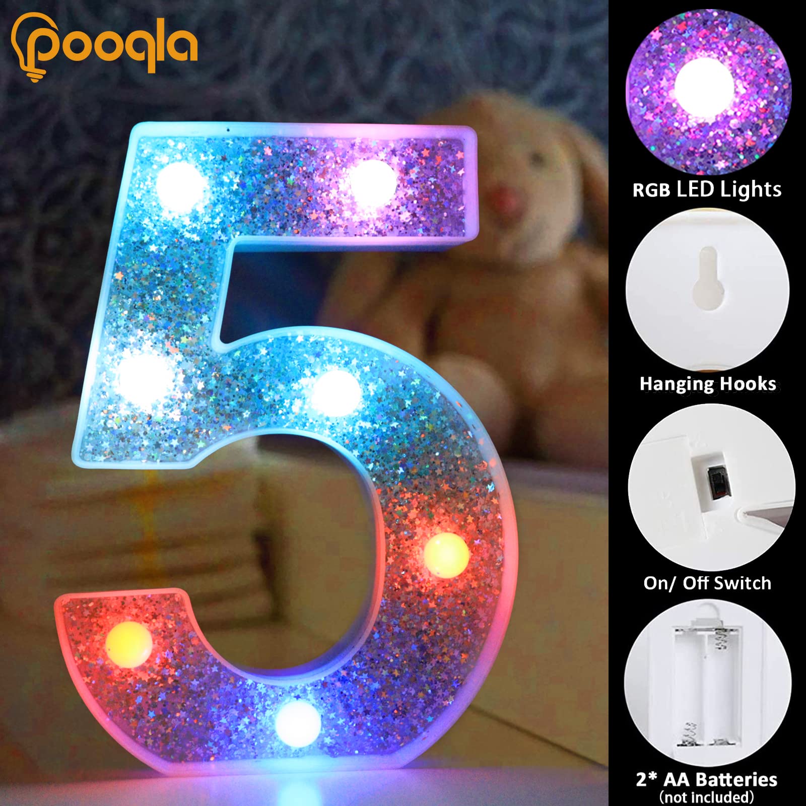 Pooqla Silver LED Marquee Number Light, Battery Operated, 16 Colors, Model S-RGB, Number 3, Metal Material