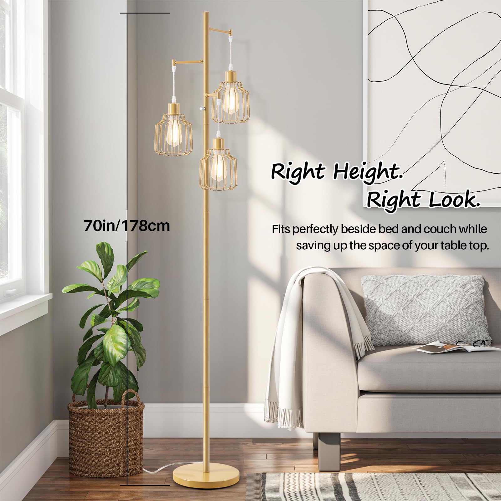Dimmable Floor Lamp With 3 Led Edsion Bulbs, Farmhouse Tall Standing Lamp For Living Room, Modern Gold Tree Floor Lamp, Bright V