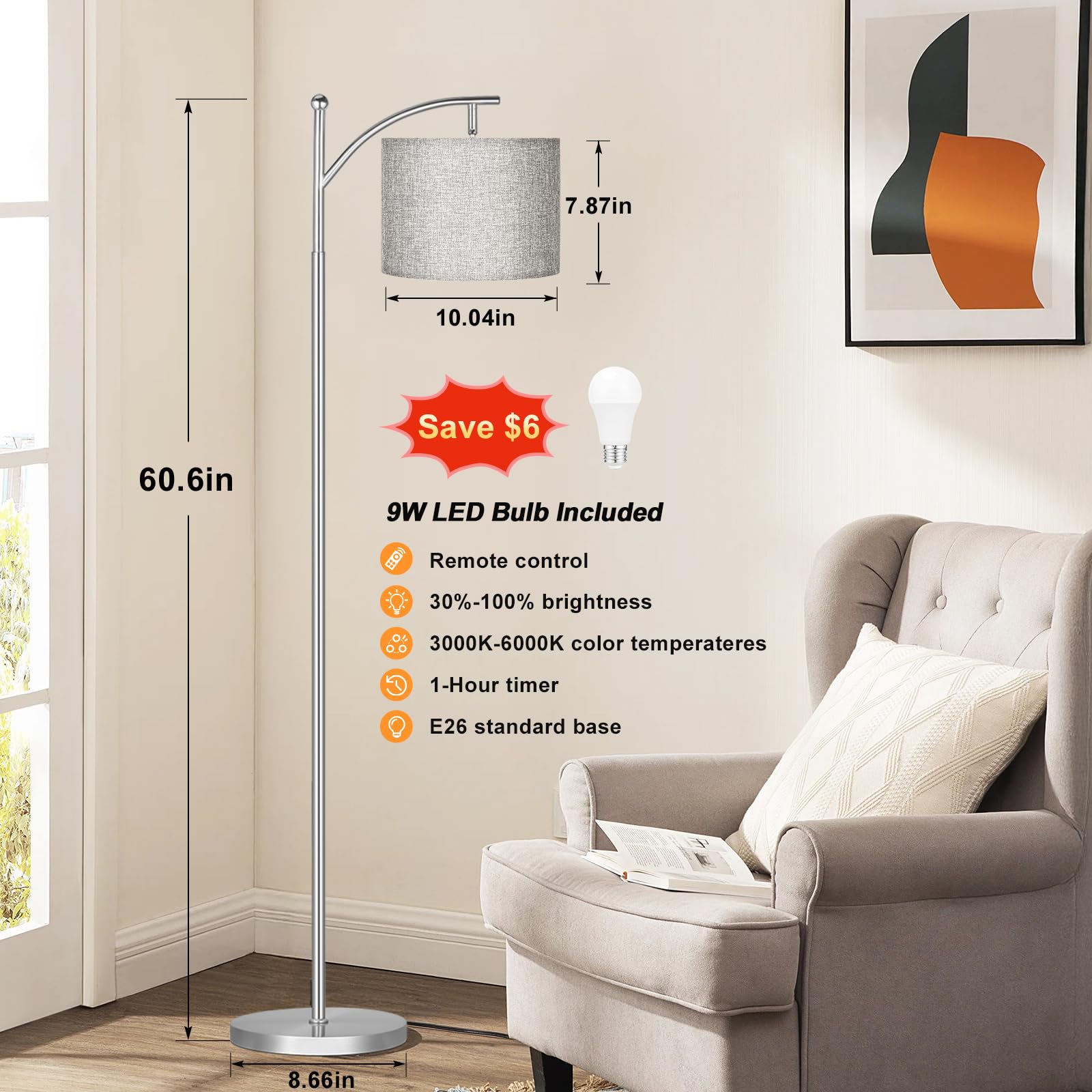 60'' Floor Lamps With Remote Control & Bulb, Colors Temperature & Brightness Adjustable, Deep Beige Shade & Black Pole