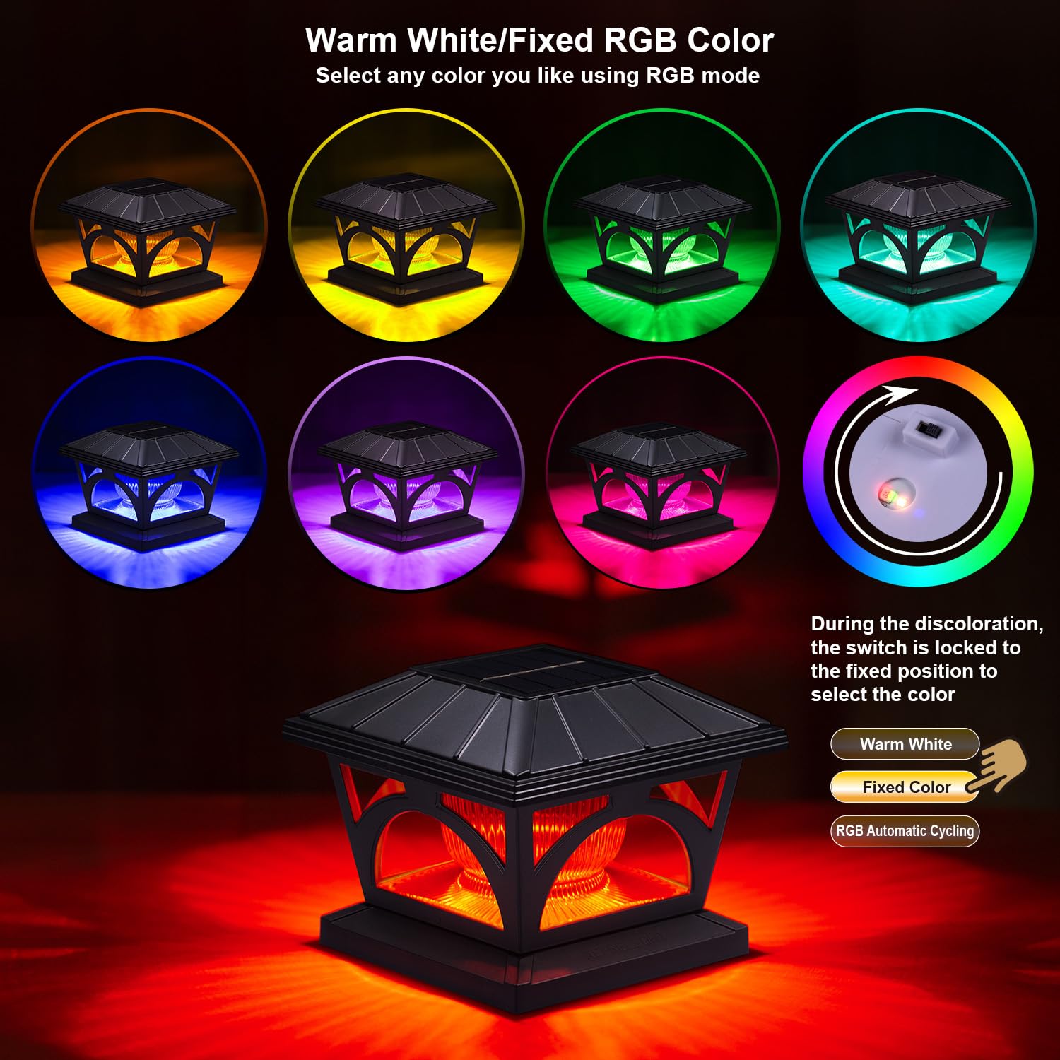 AEFRELEOHT Solar Post Cap Lights, 20 Lumens, Warm White & RGB, 6 Pack, Black, Compatible with 3.5x3.5 to 5x