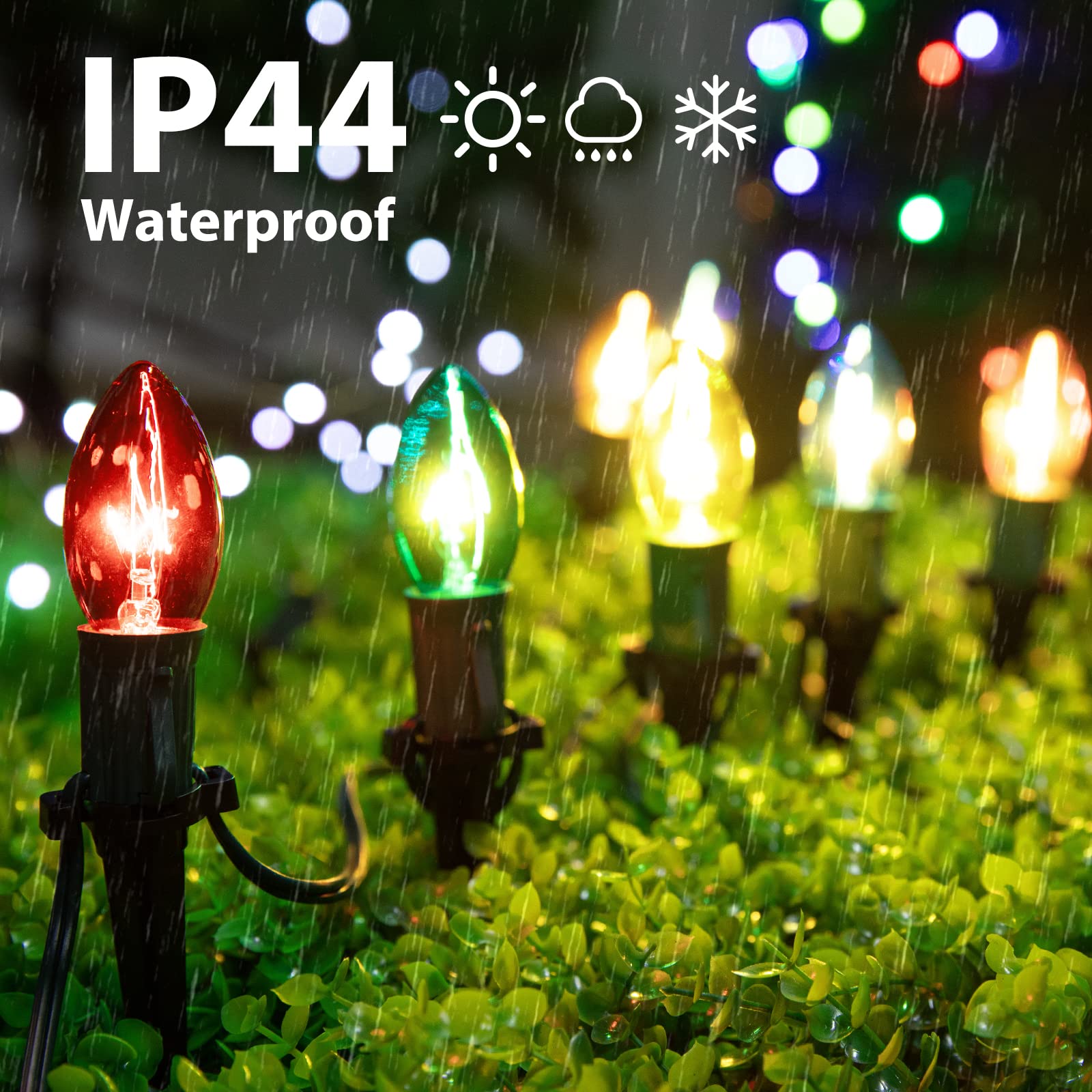 C9 Christmas Pathway String Lights, 2 Pack 25.7 Ft C9 20 Lights With 20 Multicolored Glass Bulbs And 20 Stakes Connectable Water