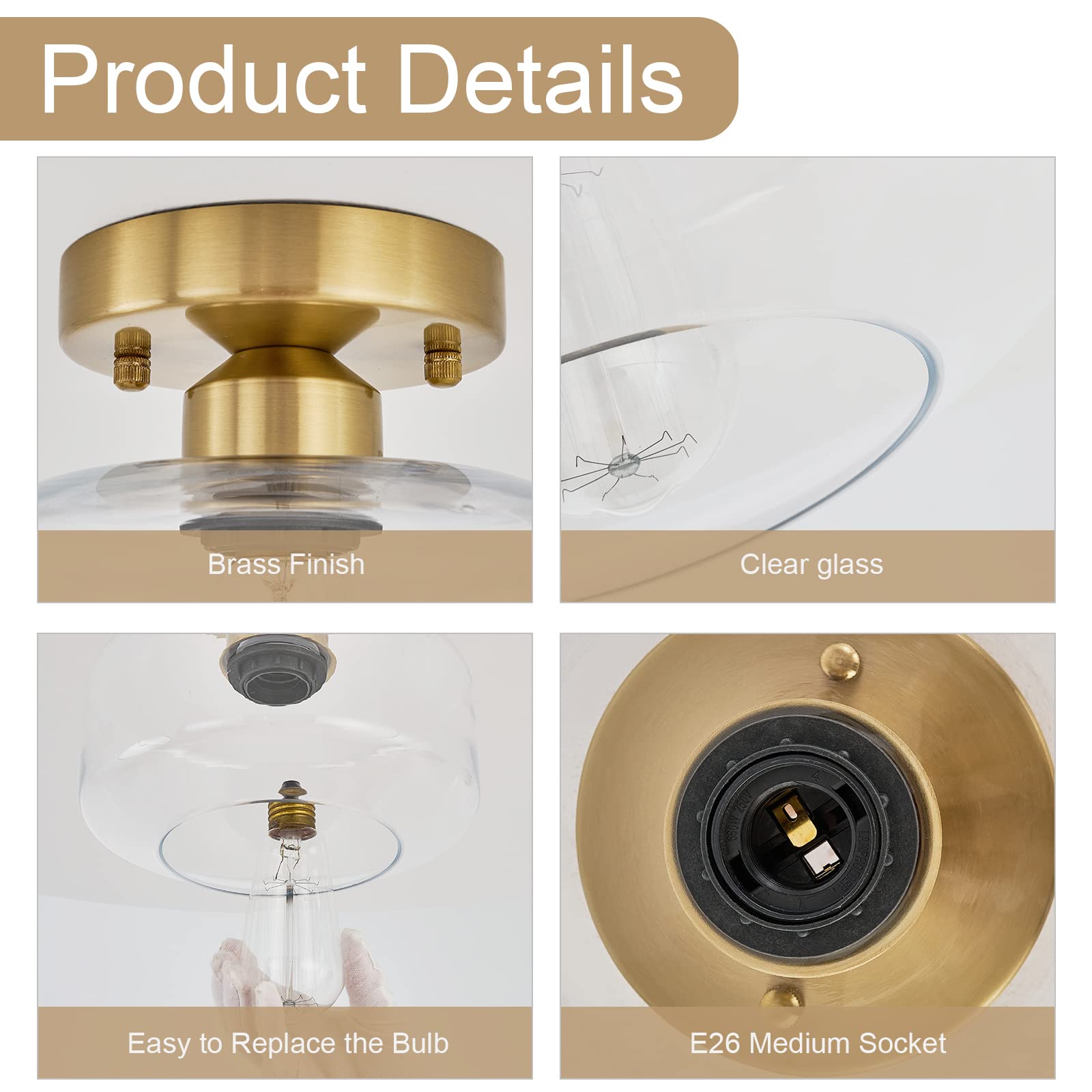 Bisamiya Modern Gold Ceiling Light Fixture, Brass Finish Semi Flush Mount Ceiling Light With 8.66" Clear Glass Shade For Kitchen, Hallway, Entryway, Bedroom, Cafe