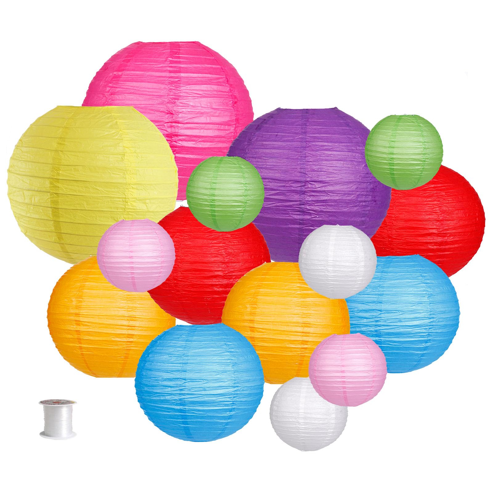 zilue Paper Lanterns 15pcs, Round Hanging Decorative Lanterns, Colorful, for Wedding and Party, Model PL1003