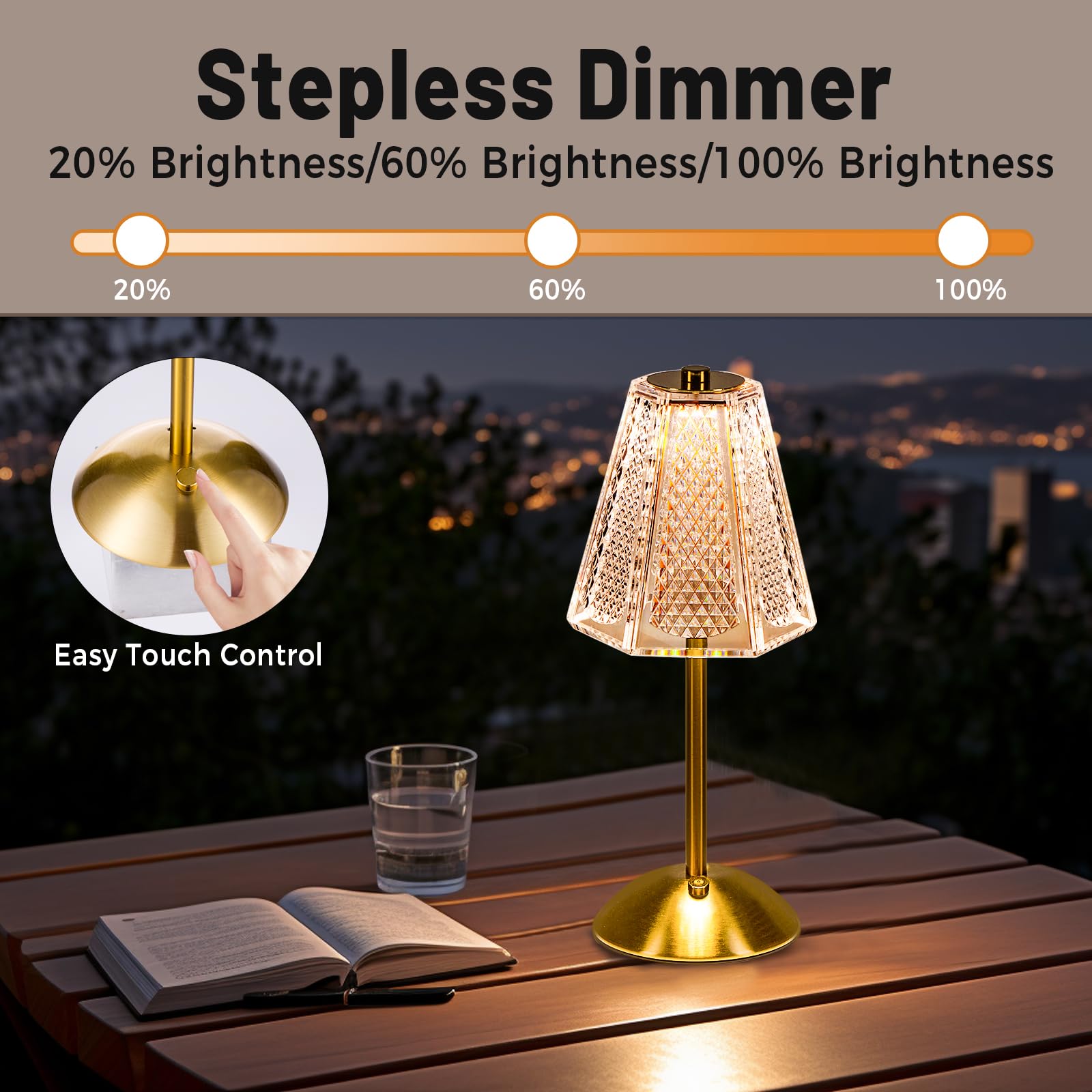 Hapygi Portable Battery Operated Led Table Lamp With Touch Sensor, Gold Cordless Brass Rechargeable Bedside Lamp/Night Light/Res