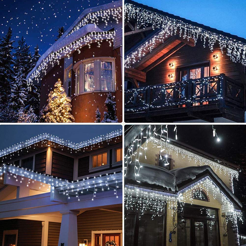 Qunlight LED Icicle Lights, 300 LEDs, 33ft, 8 Modes, Curtain Fairy Light with 60 Drops, Clear Wire LED String for Christmas/Than