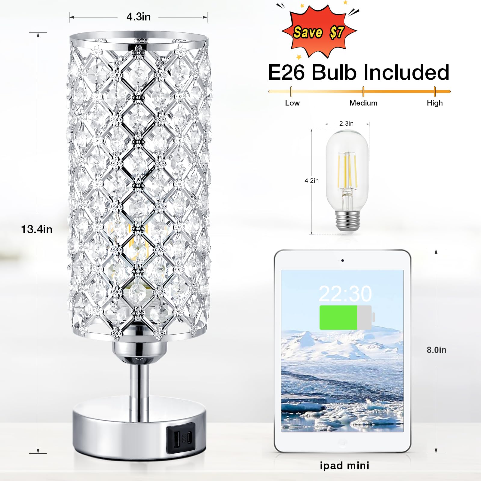Crystal Touch Lamp With Touch Control, Sliver Table Lamp With Usb-C+A Ports, 3 Way Dimmable Bedside Lamp Decorative Modern Night