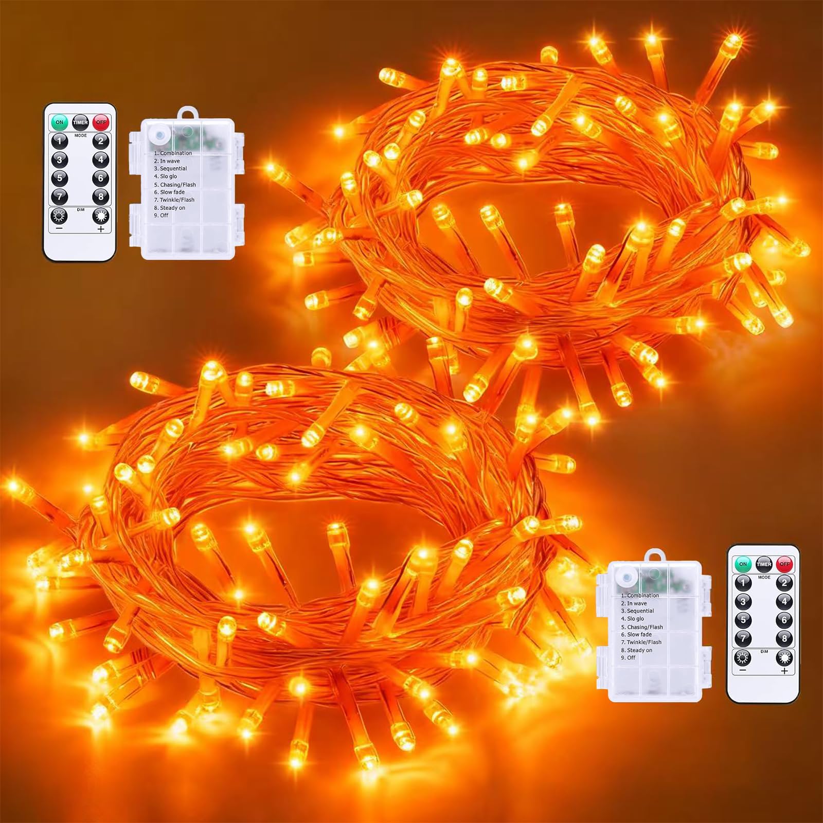 QITONG 2 Pack Orange Battery Operated Halloween Lights, Each 33ft 100 LED String Lights Outdoor Waterproof with Remote, Clear Wi