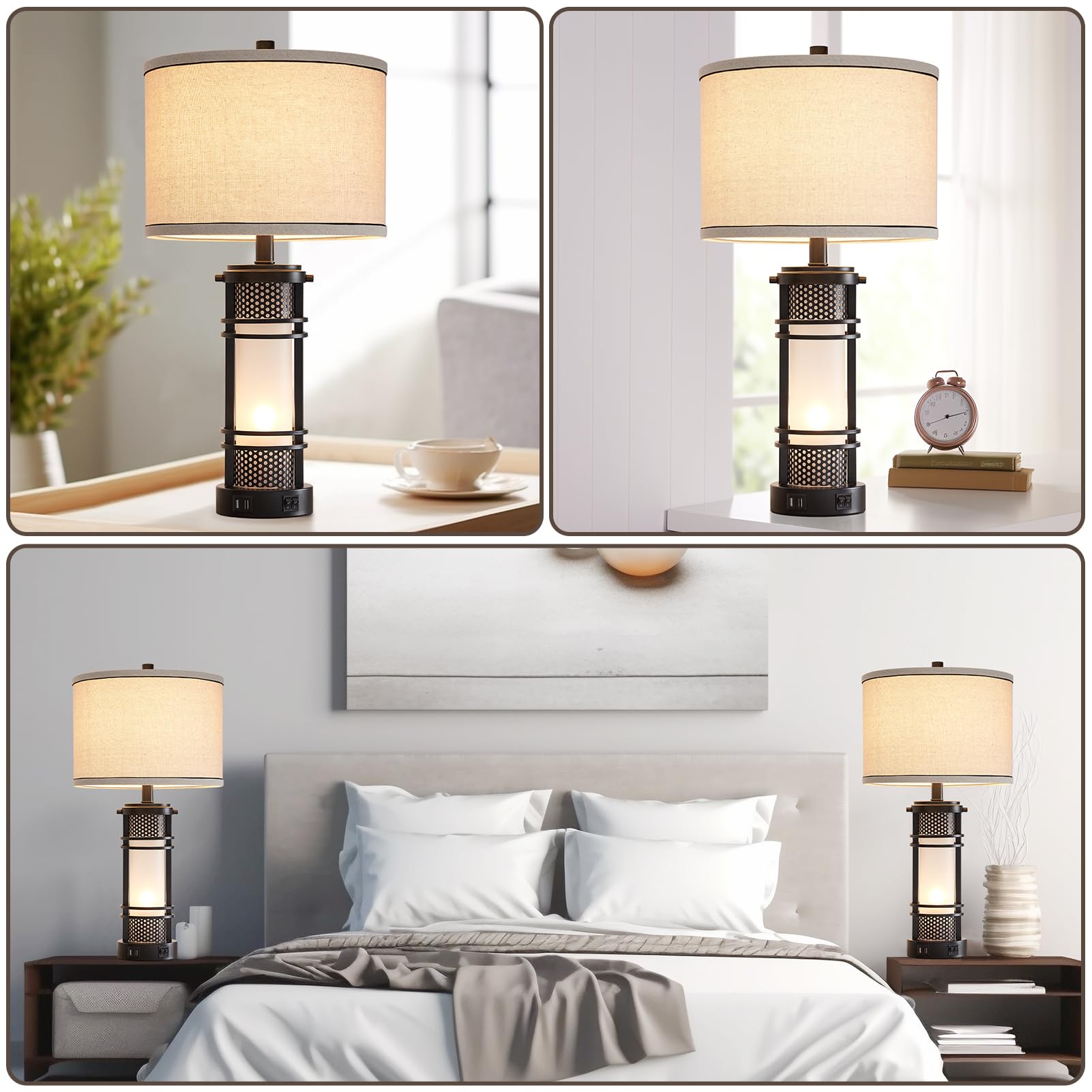 Aieampdo Set Of 2 Modern Table Lamps For Living Room, Contemporary Nightstand Lamp With Dual Usb Port, Bedside Lamps With White