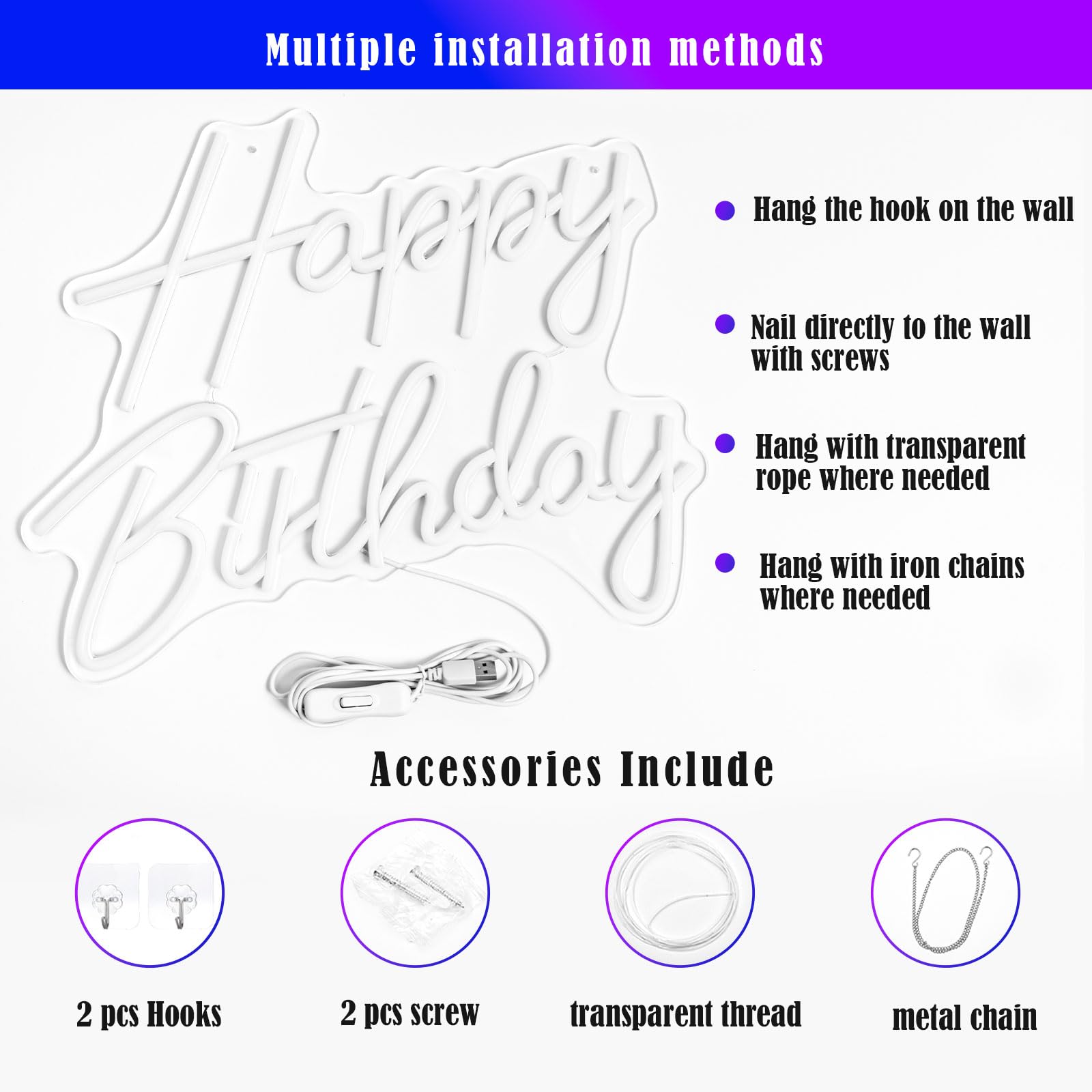 Gevbay Neon Birthday Sign LED Wall Decor Ice White 15.82 x 13.02 inches Acrylic Model GC-2401019-2