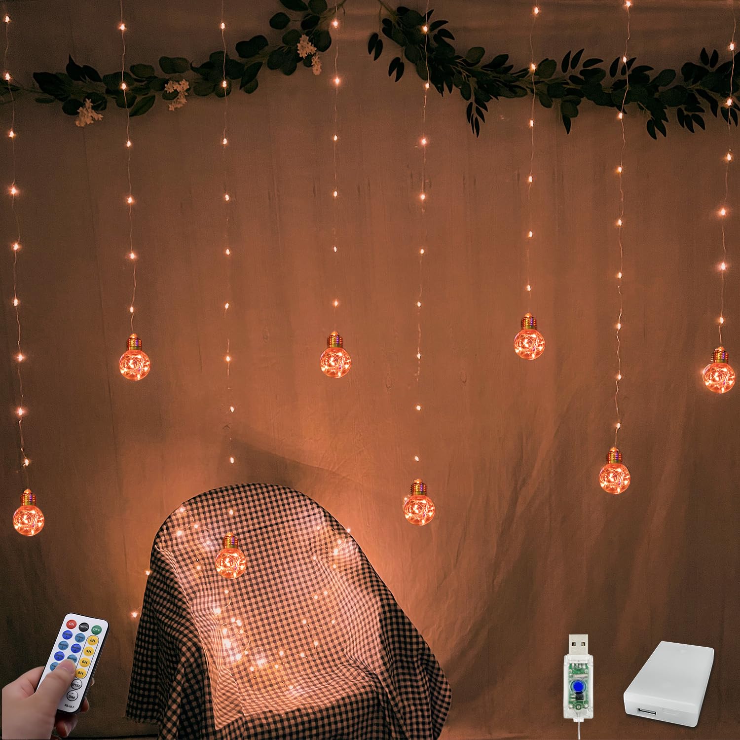 YOLIGHT 200 LED Wishing Ball Curtain String Lights, Remote Control, USB Battery Powered, Orange, Model YL-CLD-200