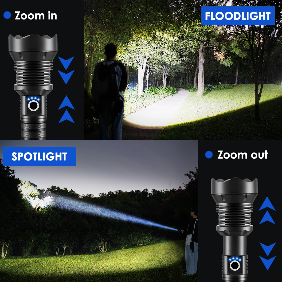 ZioeYiue Rechargeable Tactical Flashlight, 5 Modes, Adjustable Focus, Aluminum, X92-Pro, Black
