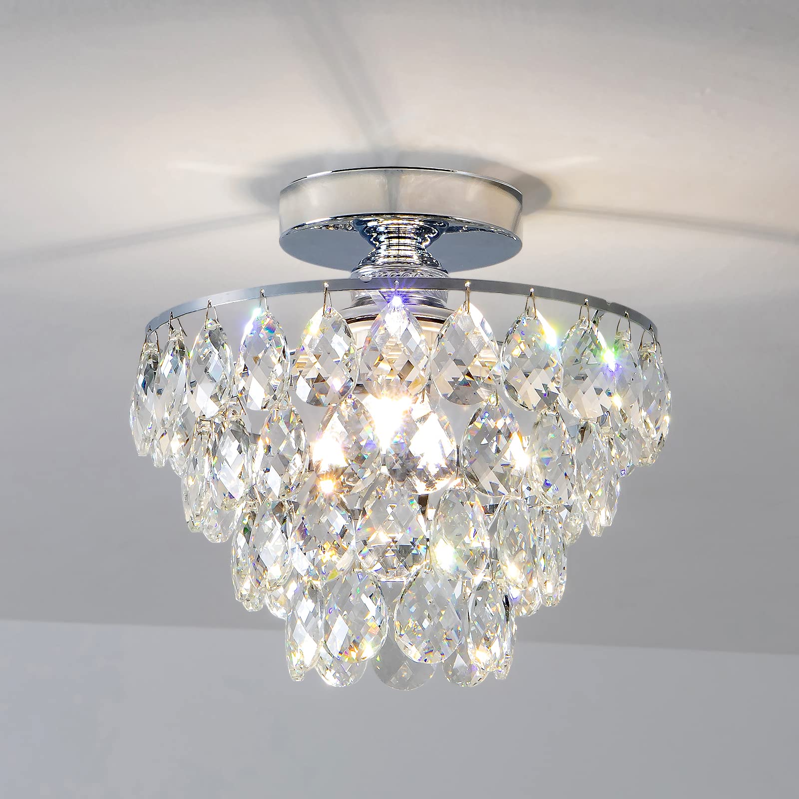 Cm Mzy Mini Crystal Chandelier Ceiling Light, Chrome Flush Mount For Bedroom, Bathroom, Kitchen