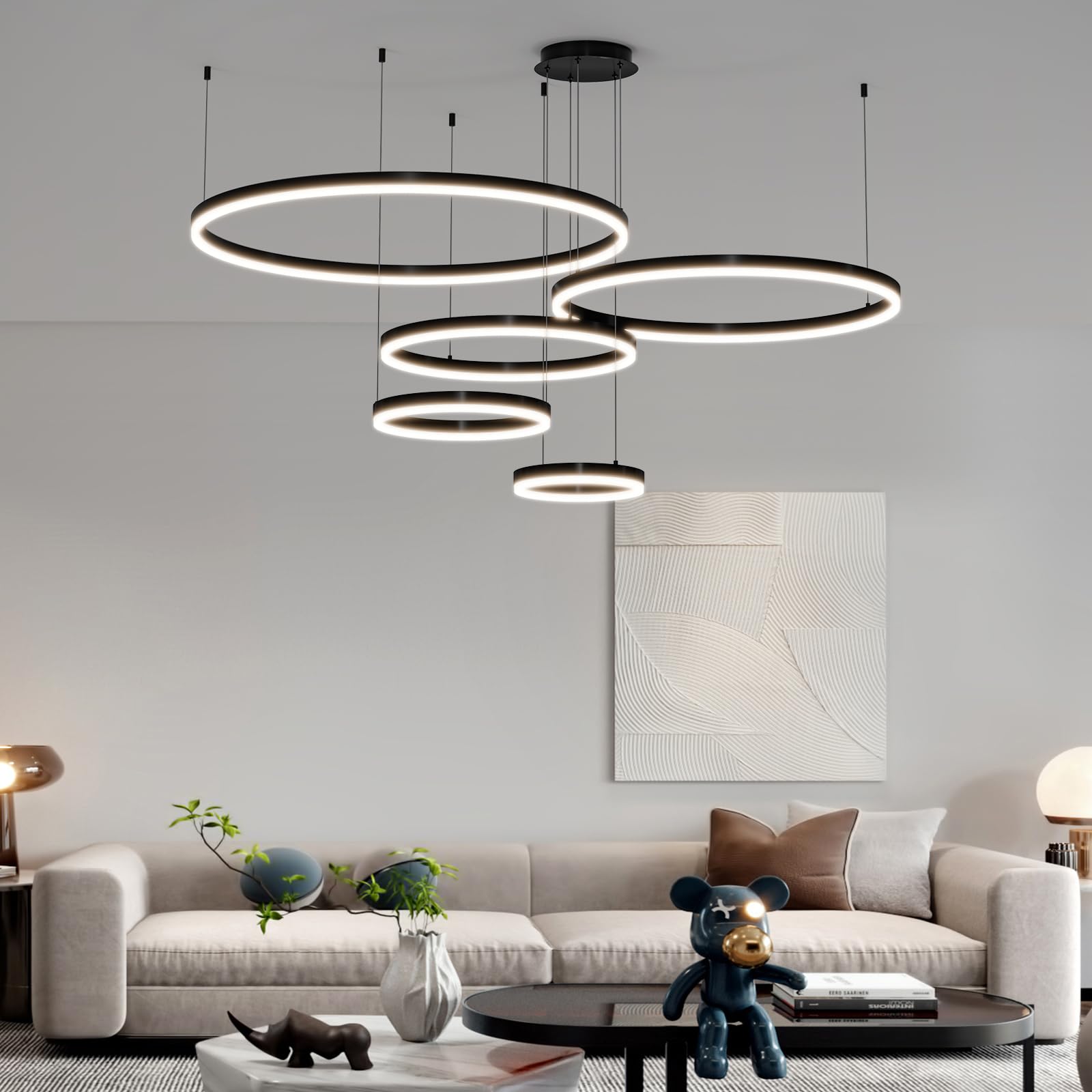 Matven Modern Ceiling Chandelier Light, Dimmable 3 Color Mode, Remote Control, 11.8-39.3in, Black, Model KD-YX