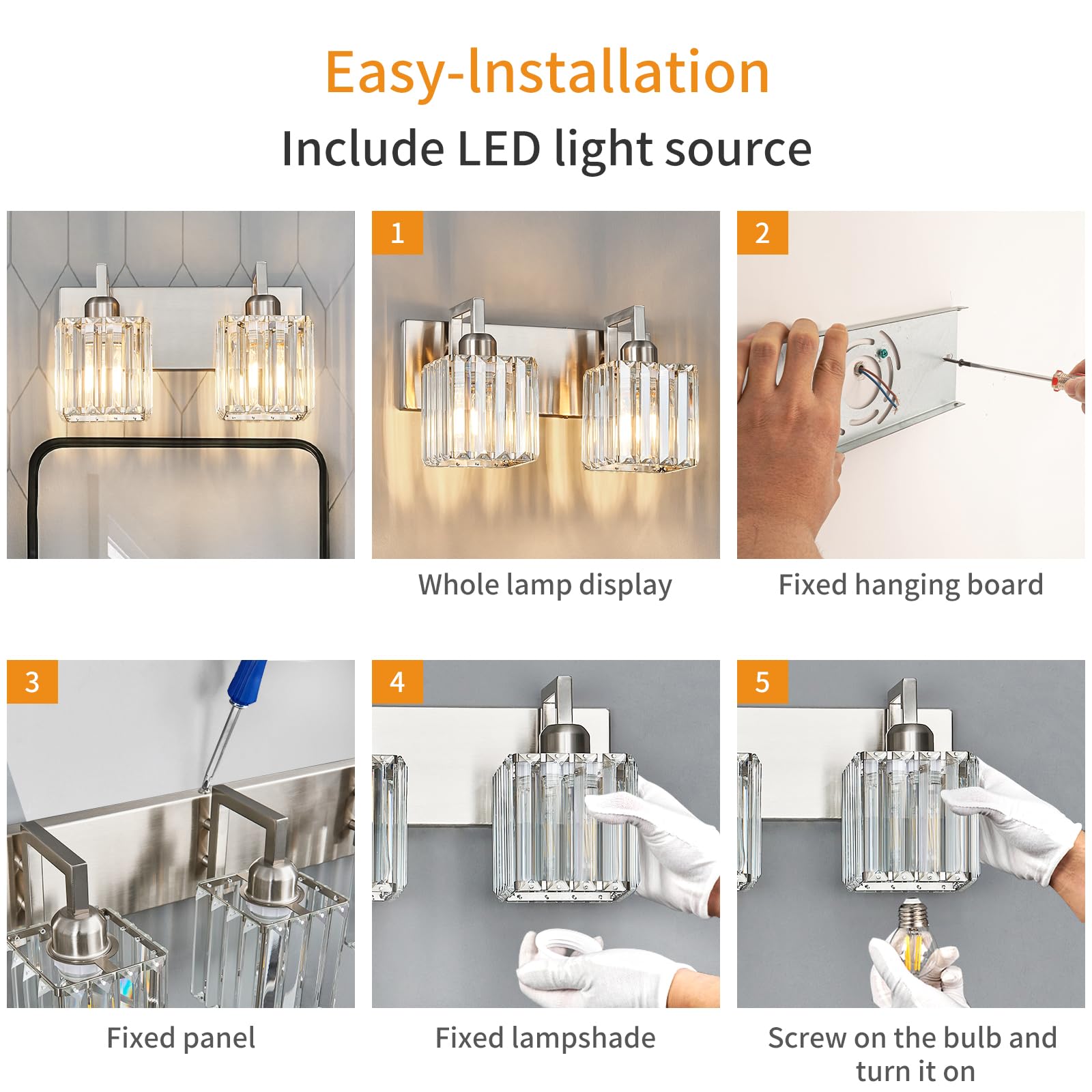 Fdpby Modern Bathroom Vanity Light 2-Lights Brushed Nickel Vanity Light Crystal Wall Light Bathroom Light Fixtures