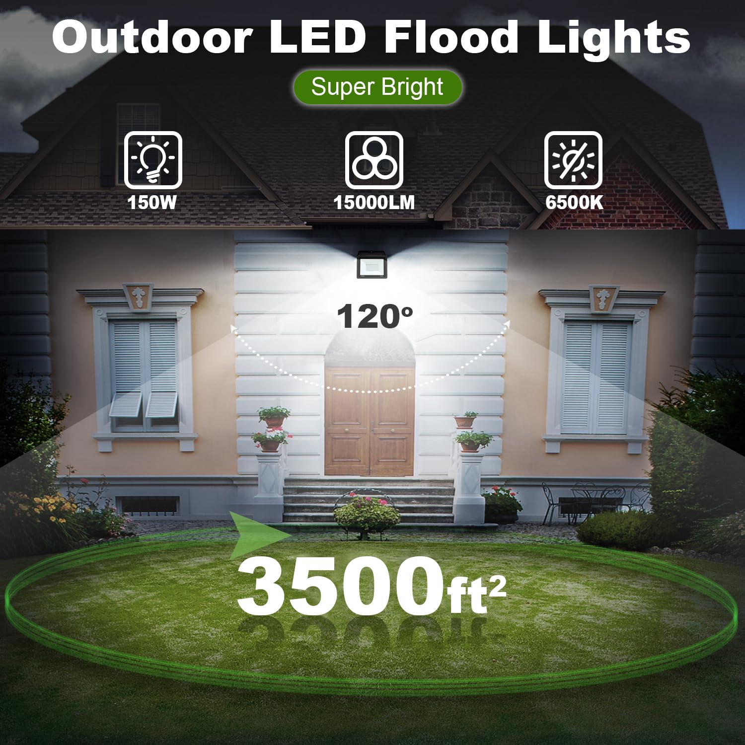 Qiyeka 2 Pack 150W Led Flood Light Outdoor,15000Lm Work Spotlight With Us Plug,6500K Daylight White,Ip66 Waterproof Exterior Sec