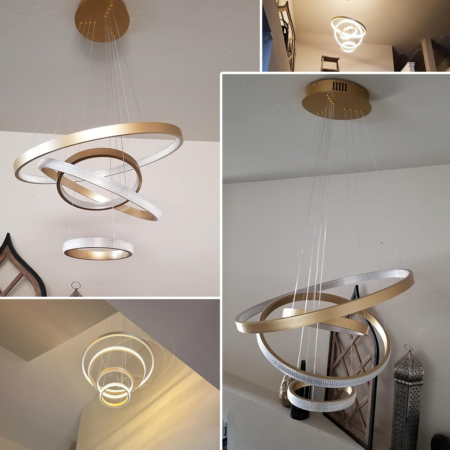 EMBRING Gold Crystal Chandelier 31.5" Dimmable LED Light Fixture, Modern 4 Ring Design, Aluminum, Model SW004-4Rgd-CY-3468