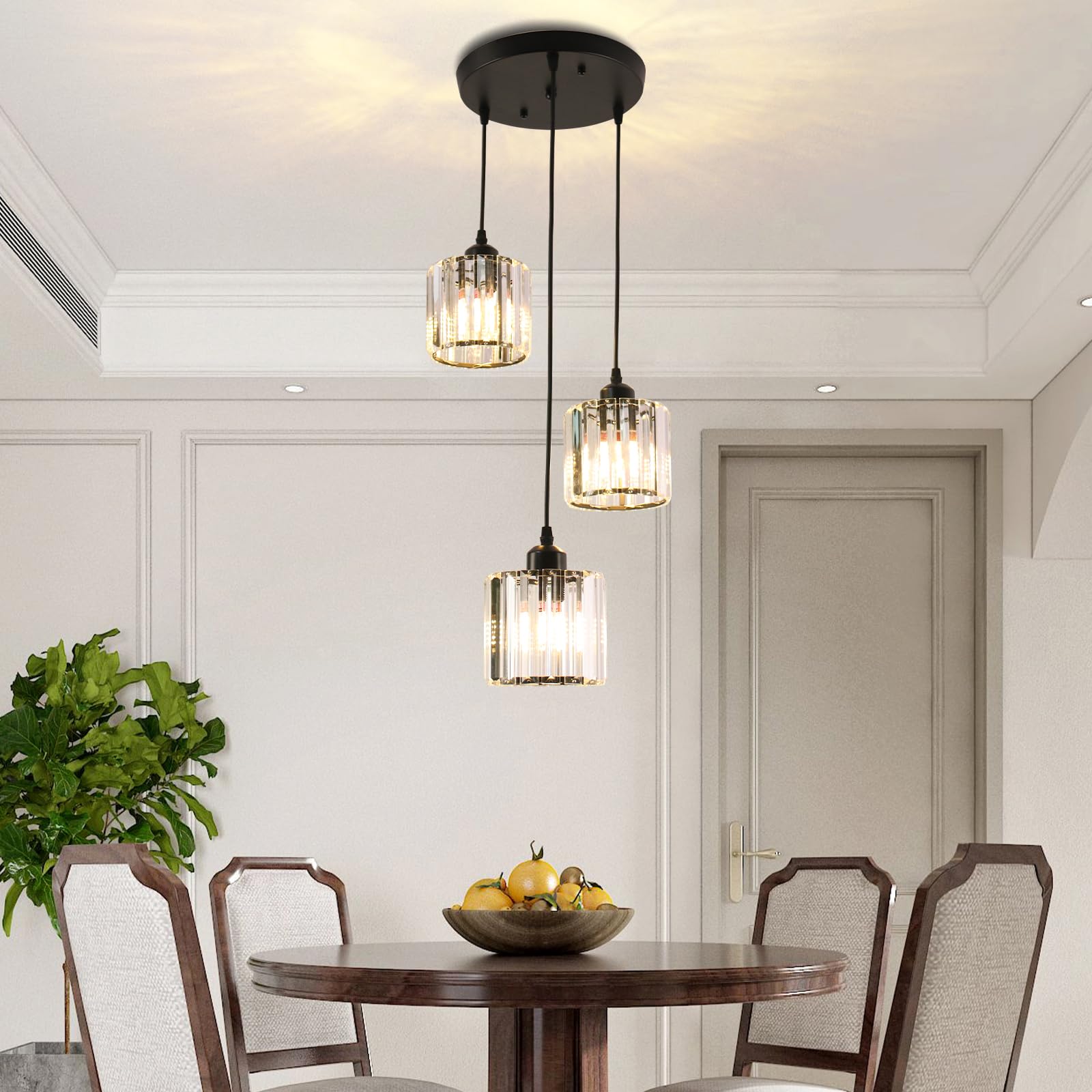 Cainjiazh Crystal Pendant Lights Round Ceiling Modern Crystal Chandeliers Hanging Light Fixture for Kitchen Island Adjustable Chandelier for Dining Room Foyer Living Room Entryway Black 3 Lights