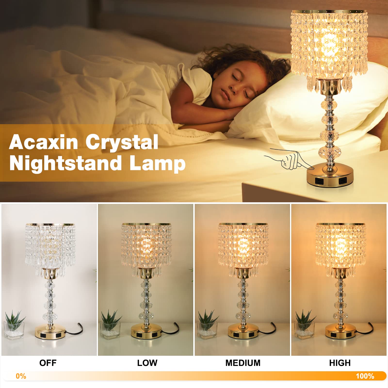 Acaxin Crystal Table Bedside Lamp - Touch Control, 3-Way Dimmable, Gold, Medium Size, 2 USB Ports for Bedroom & Living Room