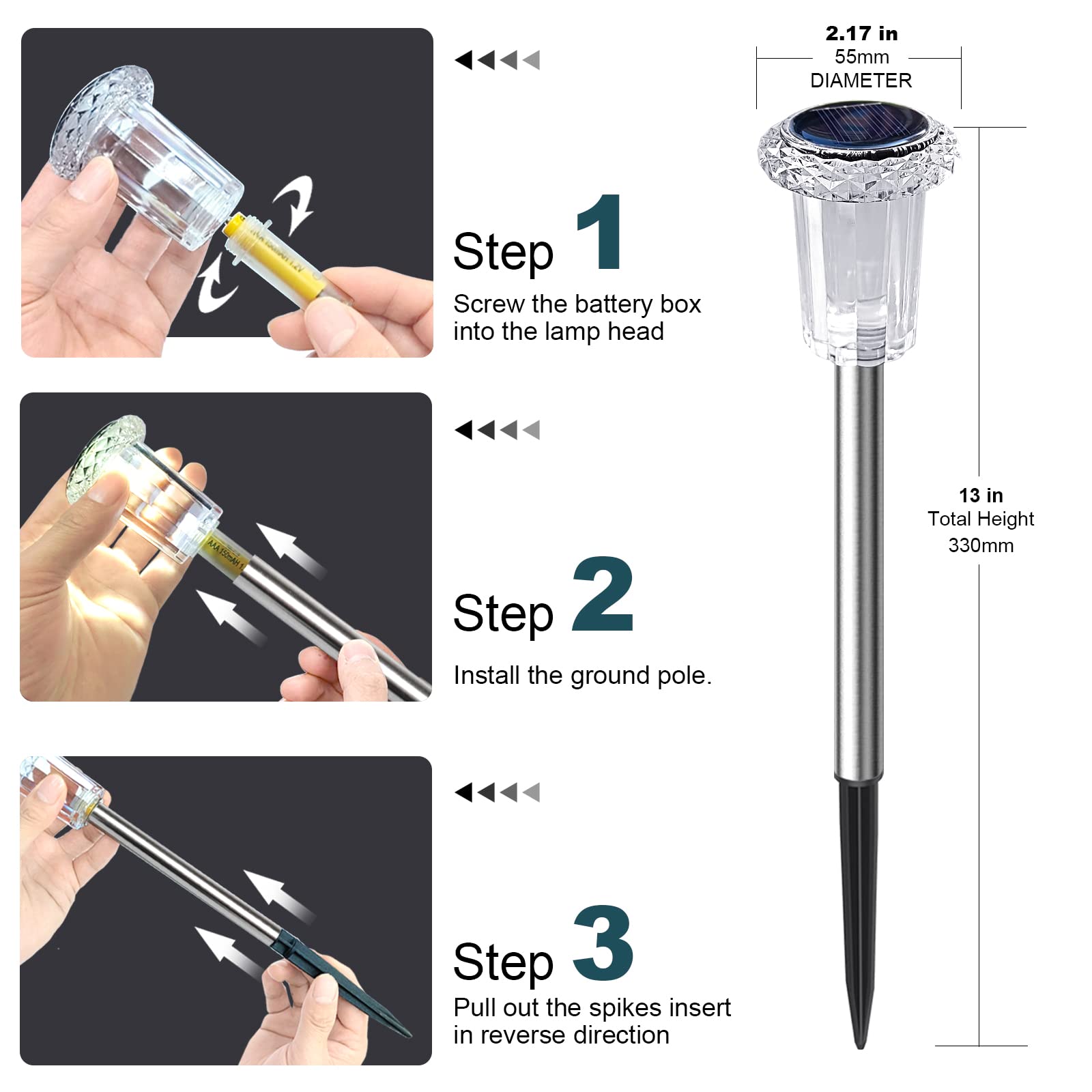 LIANGLOME Solar Lights Outdoor Pathway - 8 Pack Solar Lights Outdoor Waterproof Stainless Steel Solar Garden Lights for Landscap