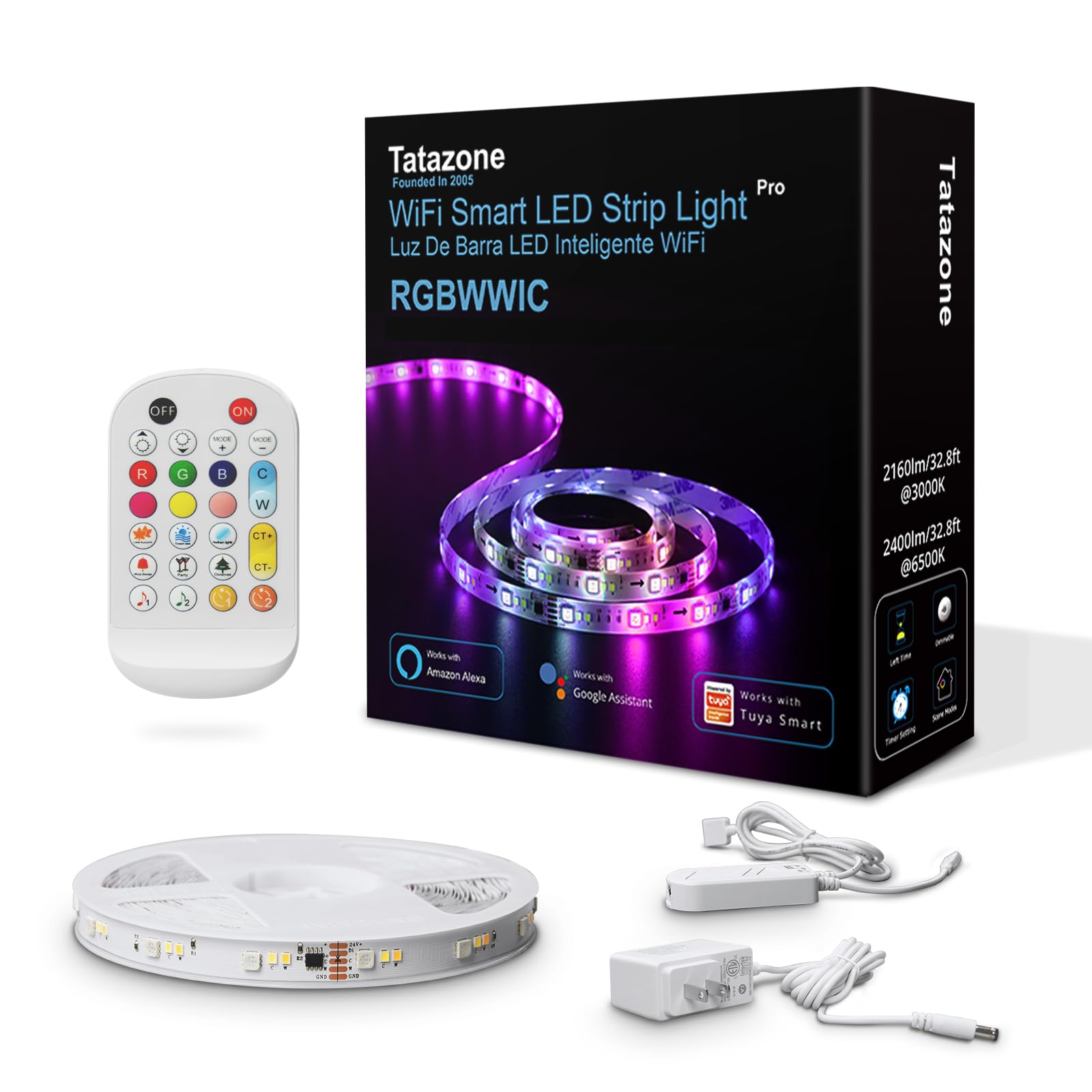 Tatazone WiFi Smart LED Strip Light, 32.8ft, RGB Chasing Effect, Tunable White 3000K-6500K, Multicolor, Model LR8022