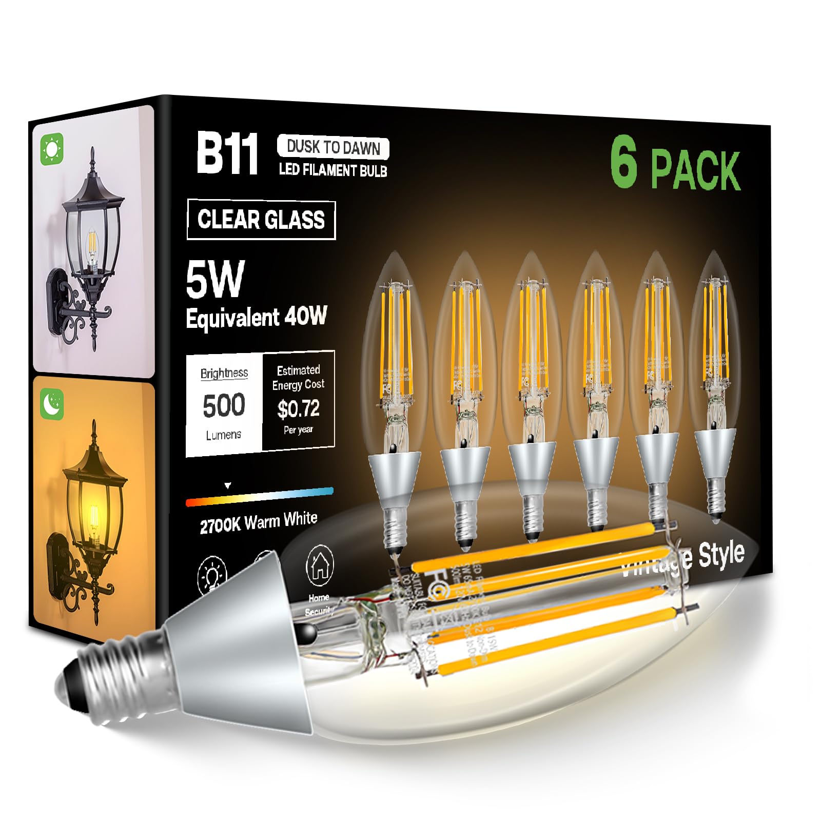 Eastiya Dusk to Dawn Outdoor LED Light Bulb, 5W Equivalent 40W, E12 Base, 2700K Soft White, 6 Pack