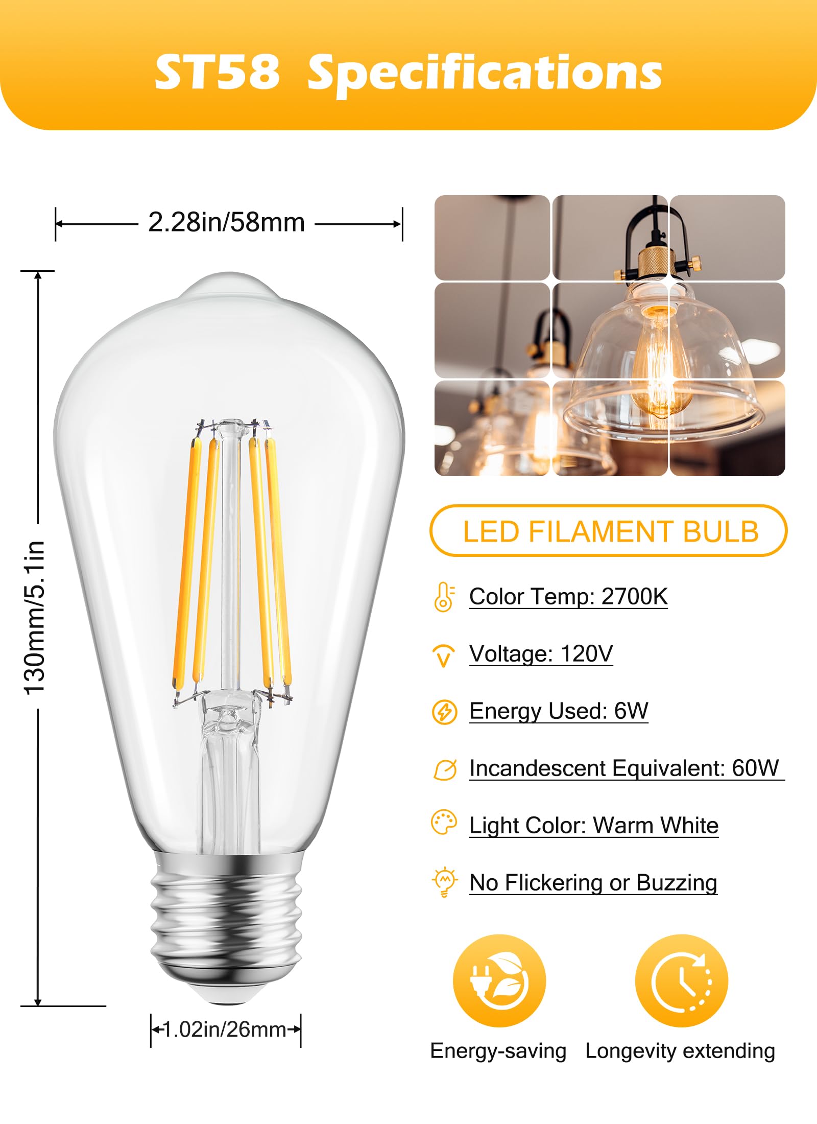 Brightown LED Edison Bulbs - 6W (60W Equivalent), 750 Lumens, Warm White 2700K, ST58 Antique Filament, E26 Base, 6 Pack