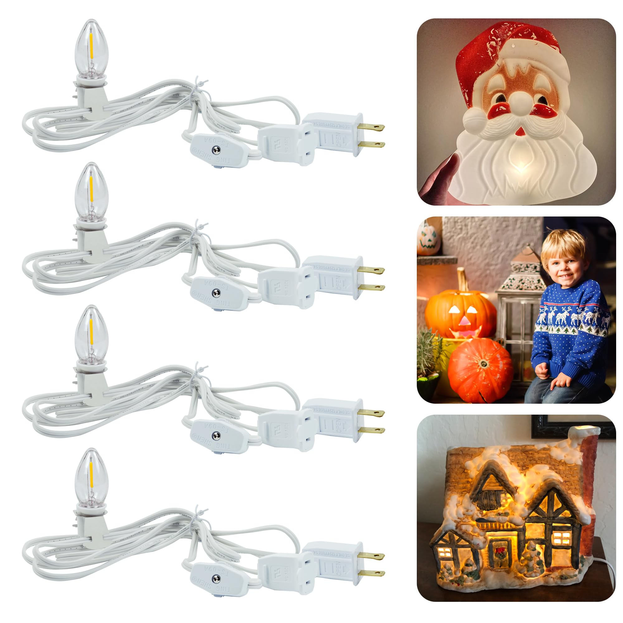 Kgc 4 Pack Chainable Accessory Cord With C7 Led Light Bulb, 6 Ft Indoor Blow Mold Light Cord With Male And Female Plugs For Hall