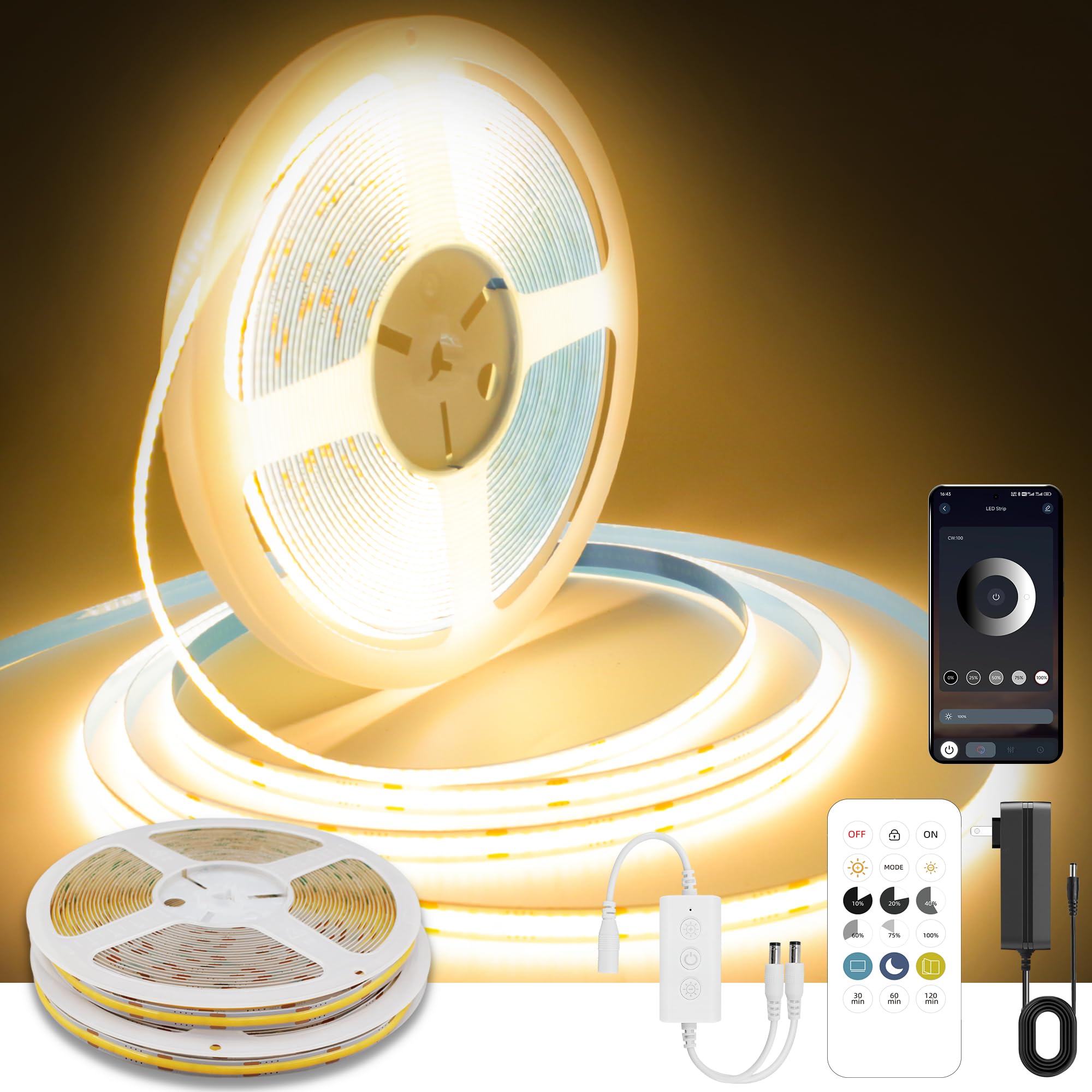 Pandery COB LED Strip Lights, 50FT Dimmable Warm White, 2700K, 24V Flexible Light Strip with Remote & App Control, Model PD-COB-24V